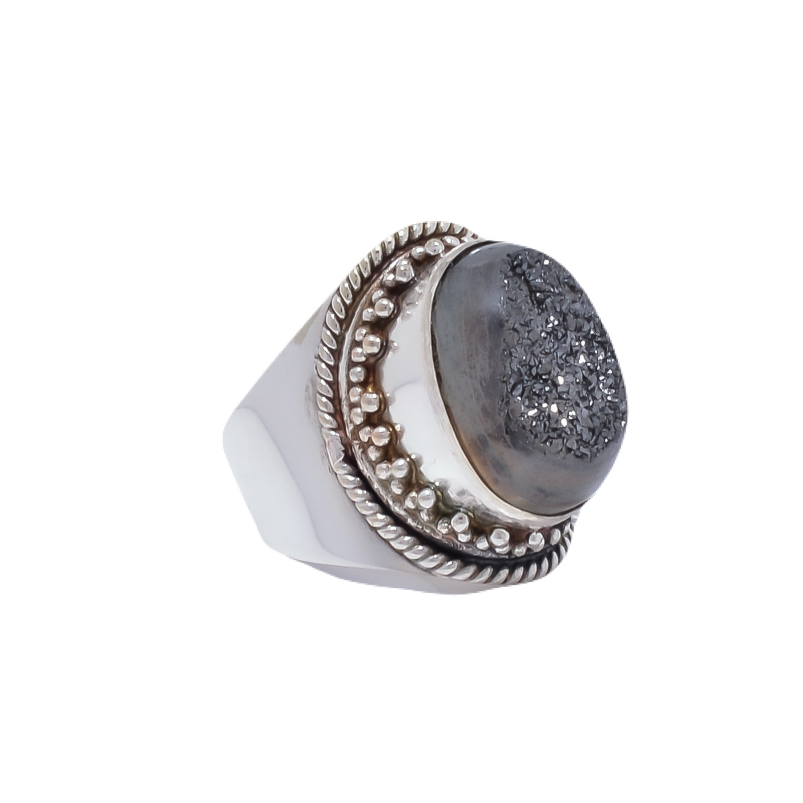 Black Titanium Agate Drusy Gemstone 925 Sterling Silver Ring