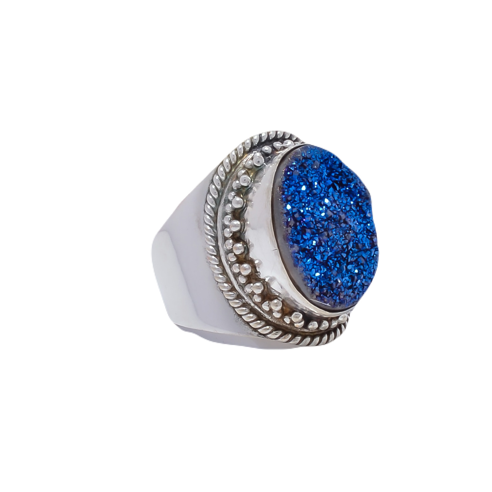 Electric Blue Titanium Agate Drusy Gemstone 925 Sterling Silver Ring