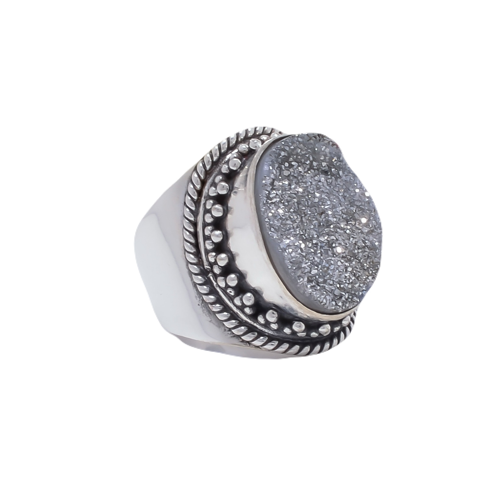 Silver Titanium Agate Drusy Gemstone 925 Sterling Silver Ring