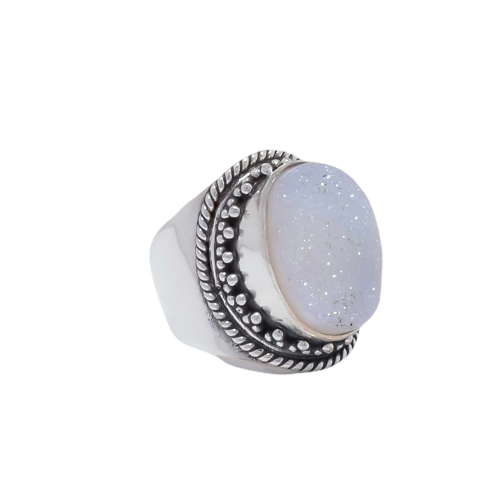 Snow White Titanium Agate Drusy Gemstone 925 Sterling Silver Ring