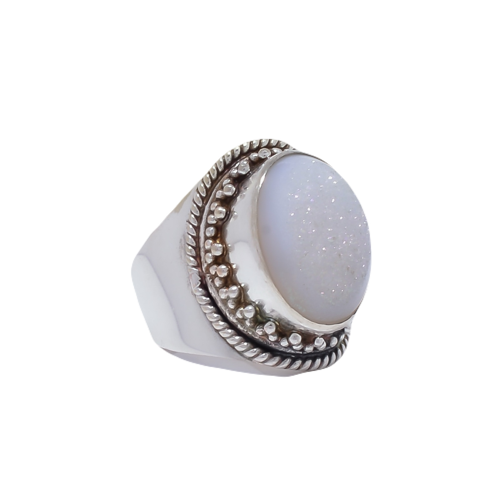 Snow White Titanium Agate Drusy Gemstone 925 Sterling Silver Ring