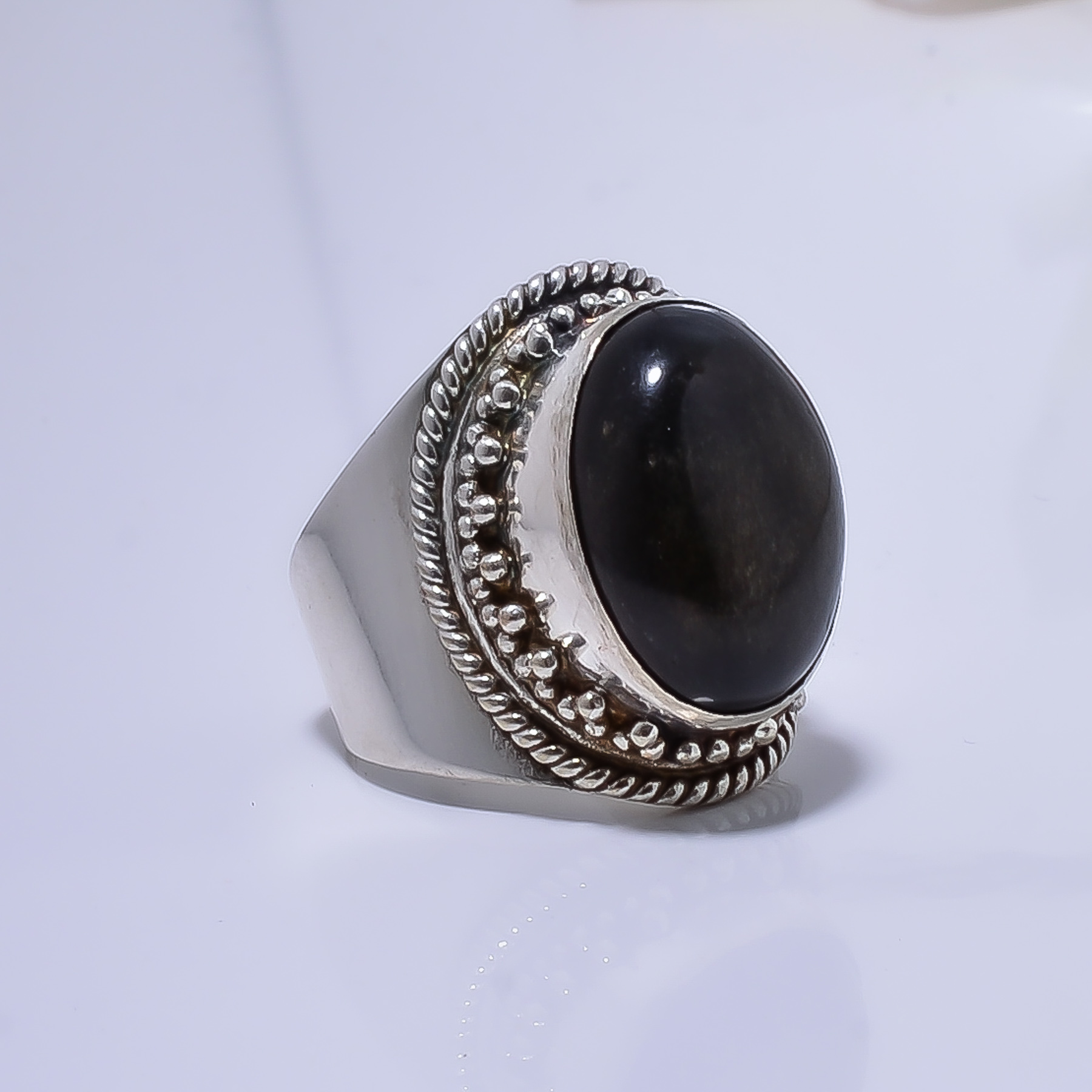 Golden Sheen Obsidian - Mexico Gemstone 925 Sterling Silver Ring