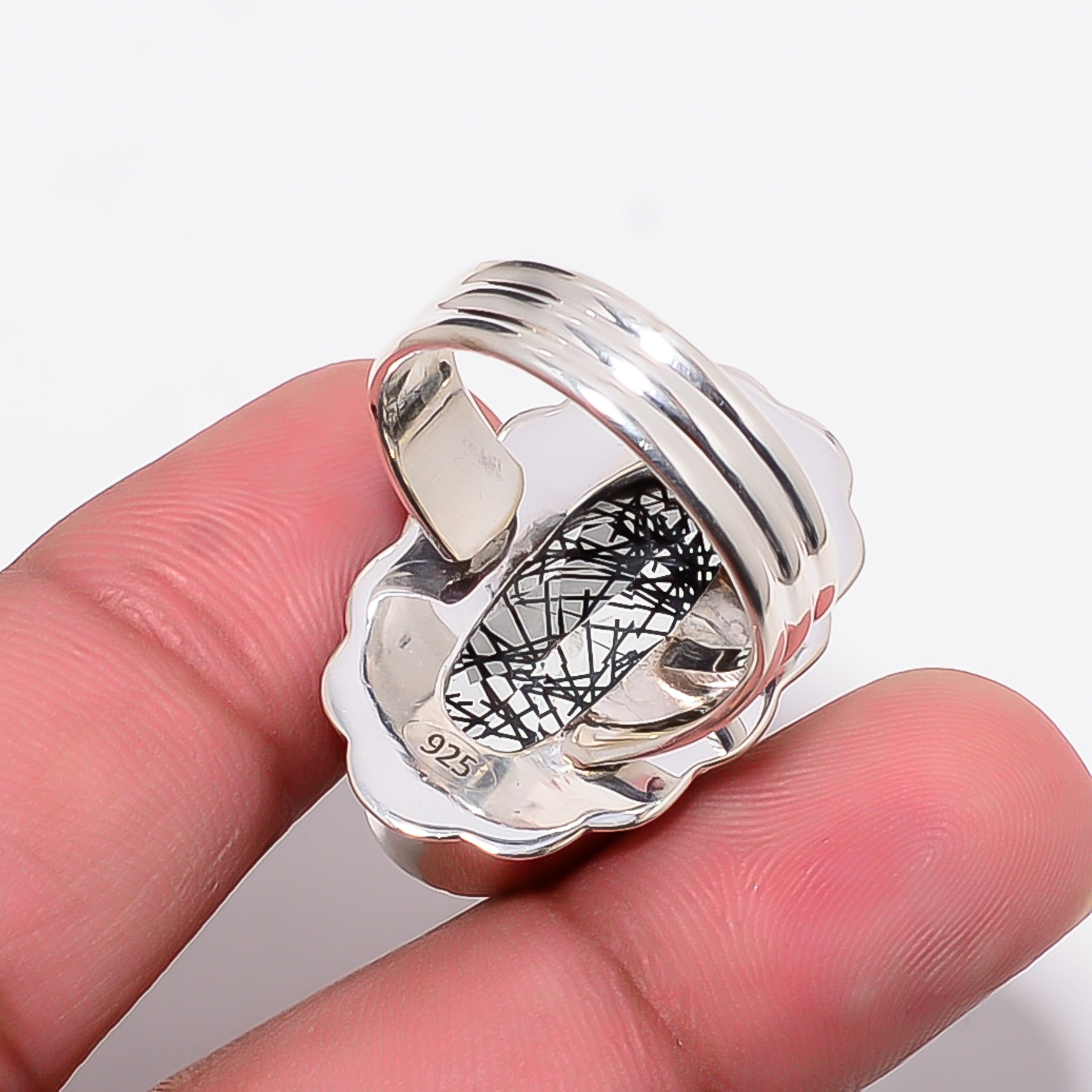 Black Rutilated Quartz - Simulated 925 Sterling Silver Ring