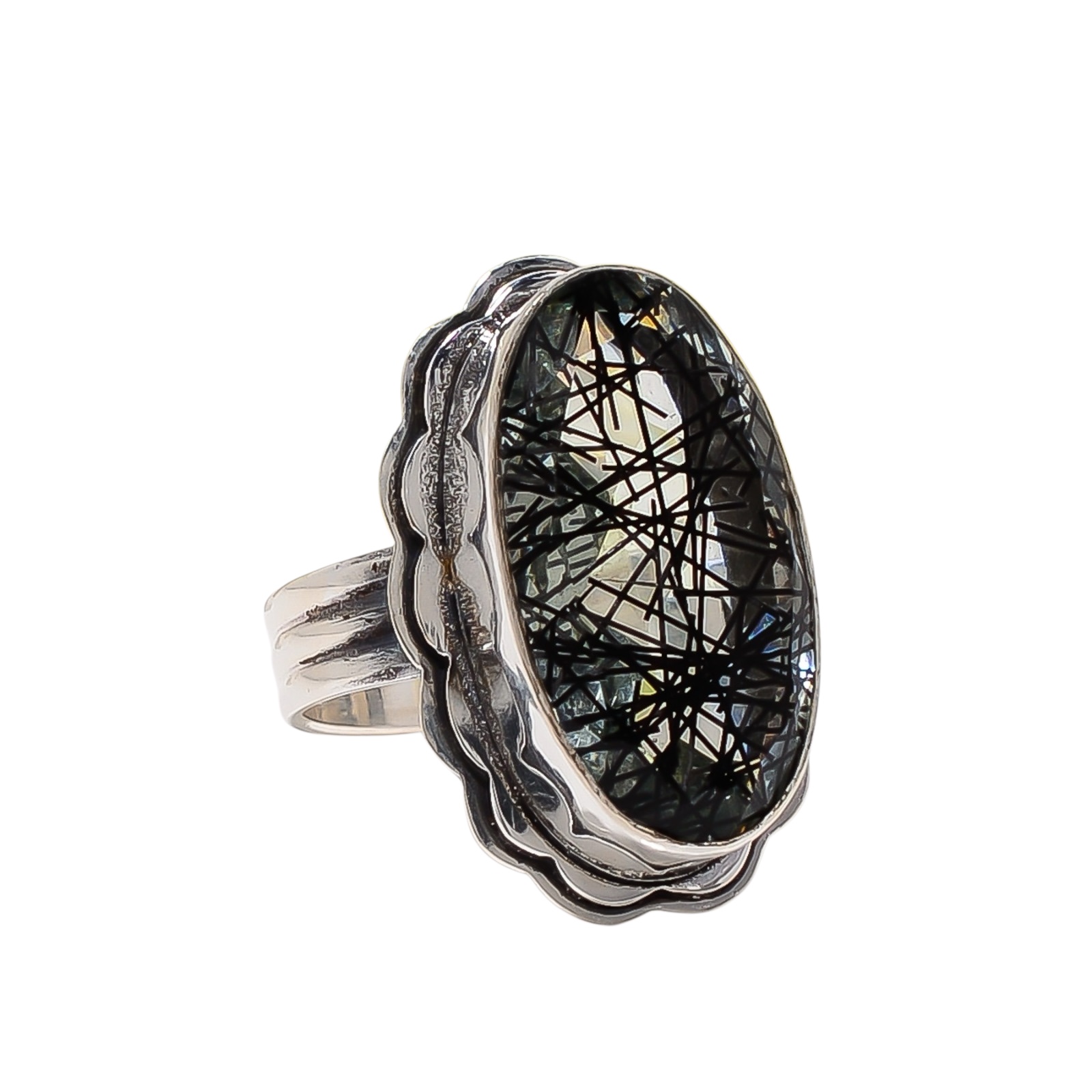 Black Rutilated Quartz - Simulated 925 Sterling Silver Ring