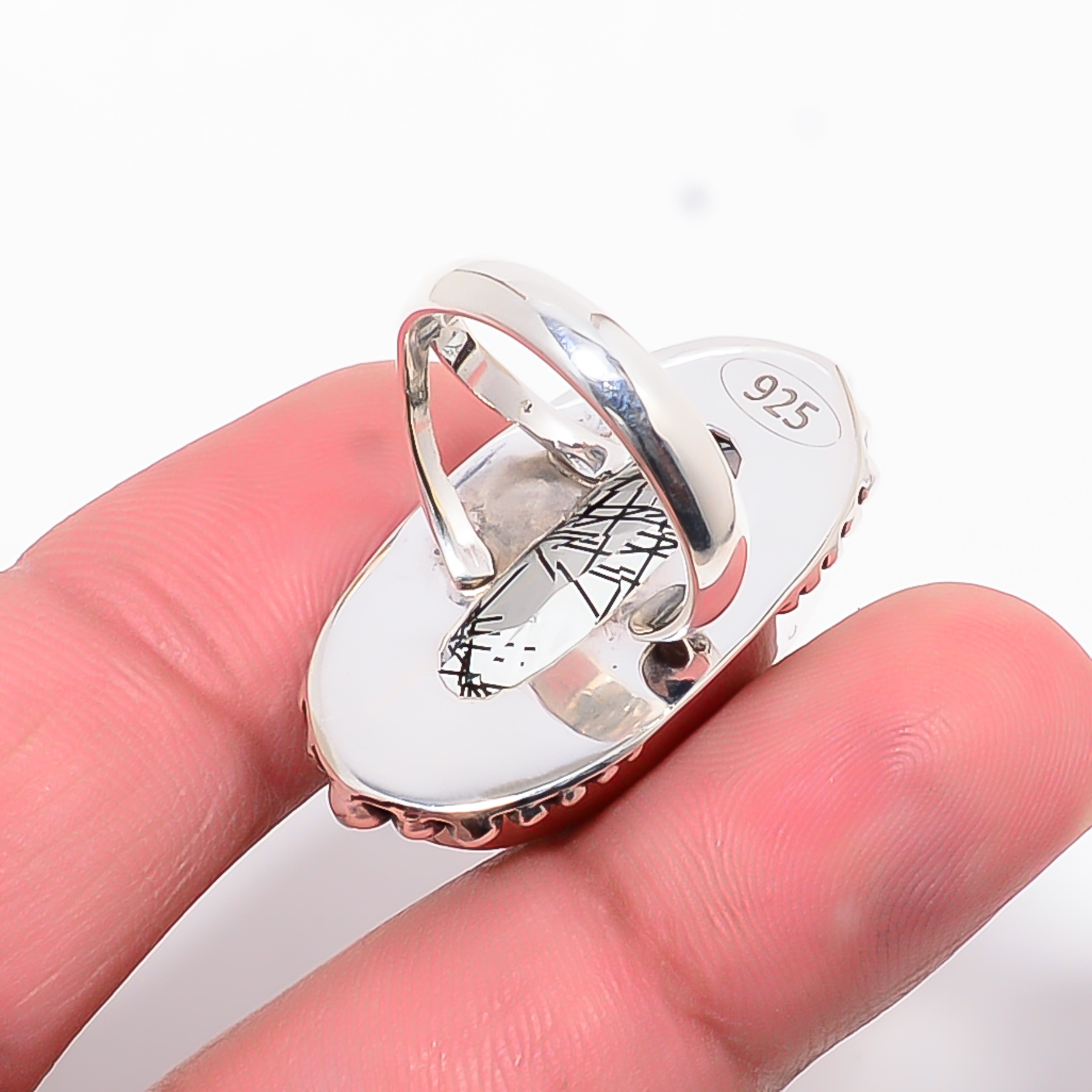 Black Rutilated Quartz - Simulated 925 Sterling Silver Ring