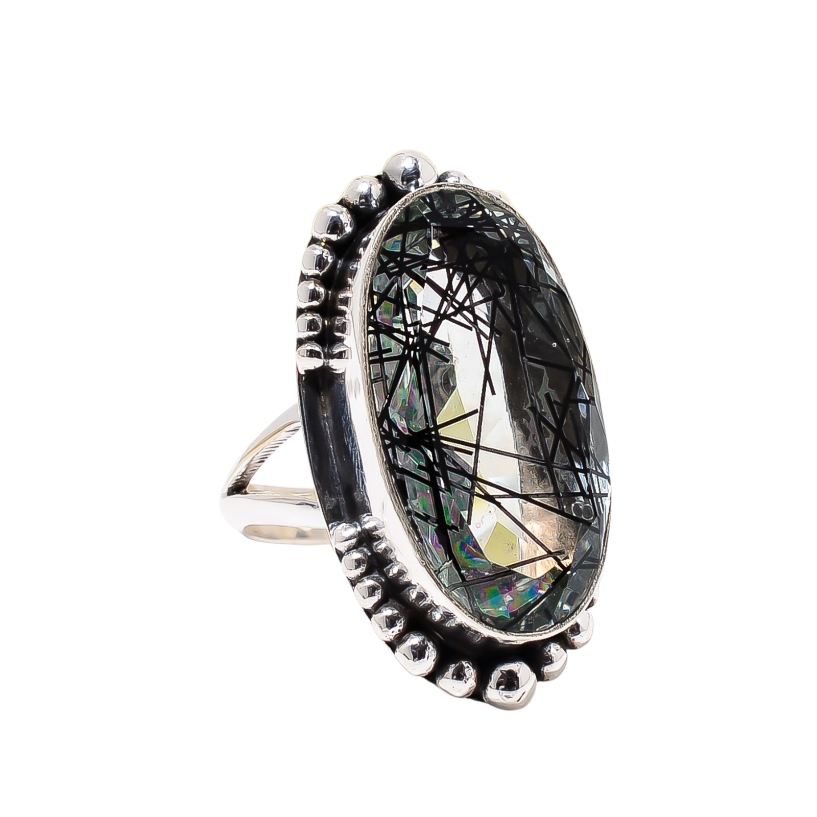 Black Rutilated Quartz - Simulated 925 Sterling Silver Ring