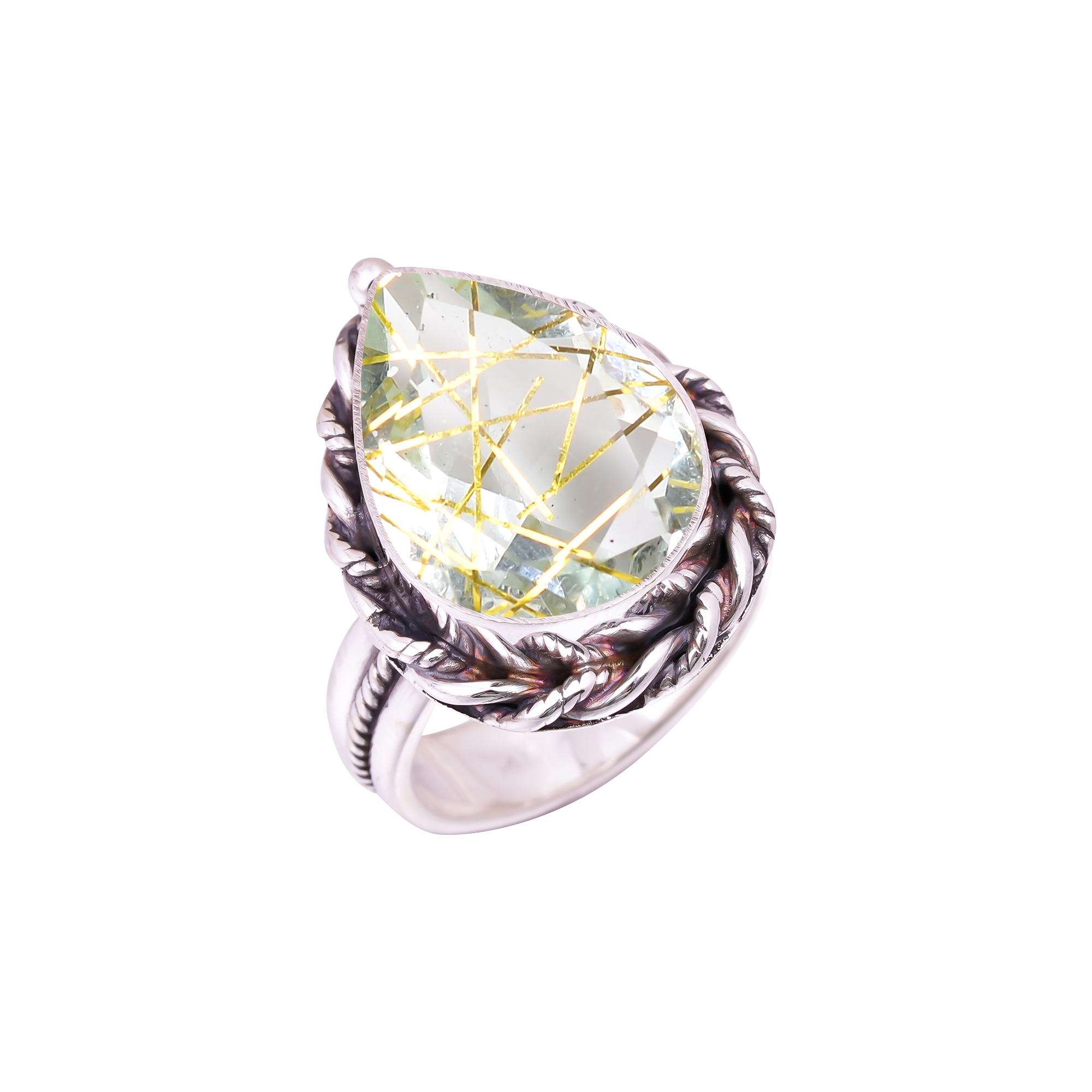 Golden Rutilated Quartz - Simulated Gemstone 925 Sterling Silver Ring