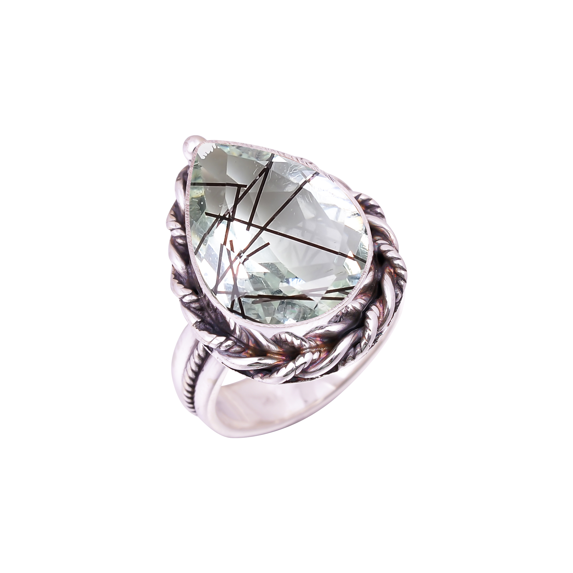 Black Rutilated Quartz - Simulated Gemstone 925 Sterling Silver Ring