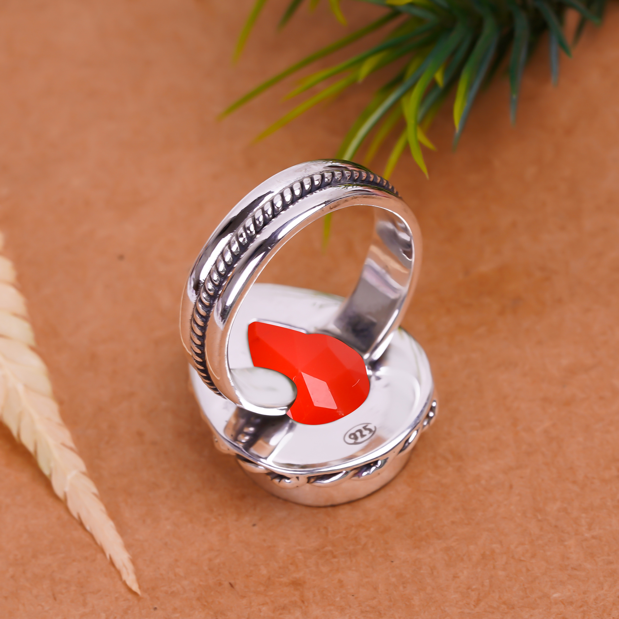 Red Coral - Simulated Gemstone 925 Sterling Silver Ring