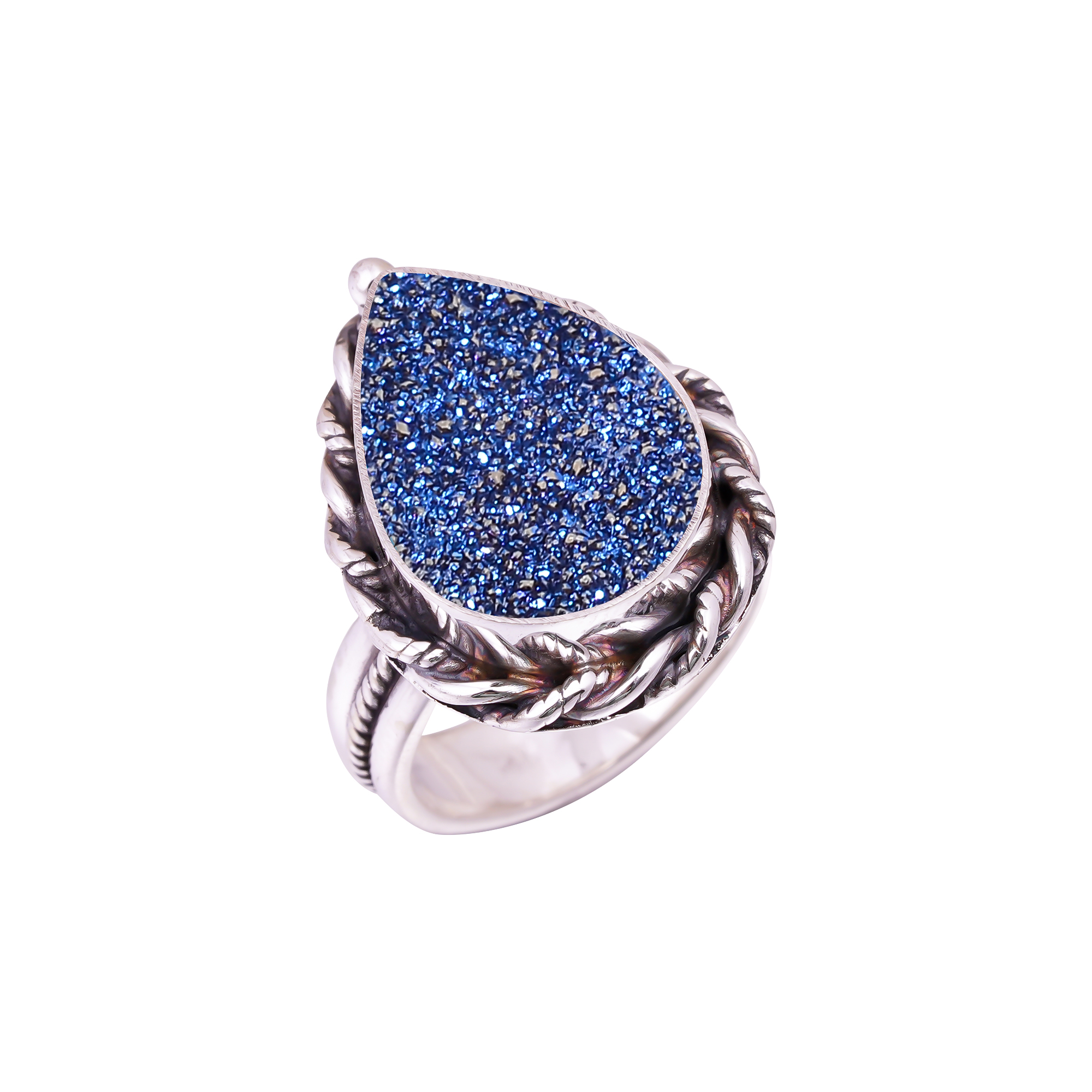 Electric Blue Titanium Agate Drusy Gemstone 925 Sterling Silver Ring