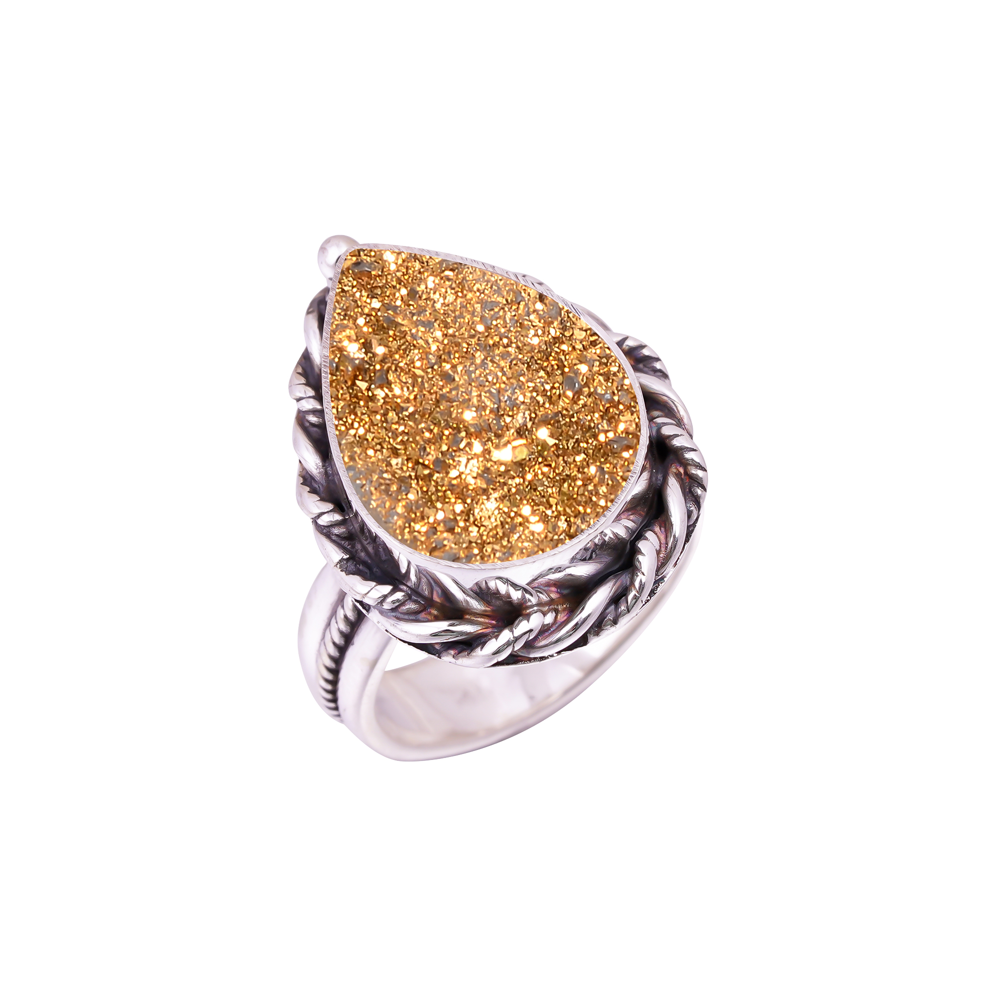 Golden Titanium Agate Drusy Gemstone 925 Sterling Silver Ring
