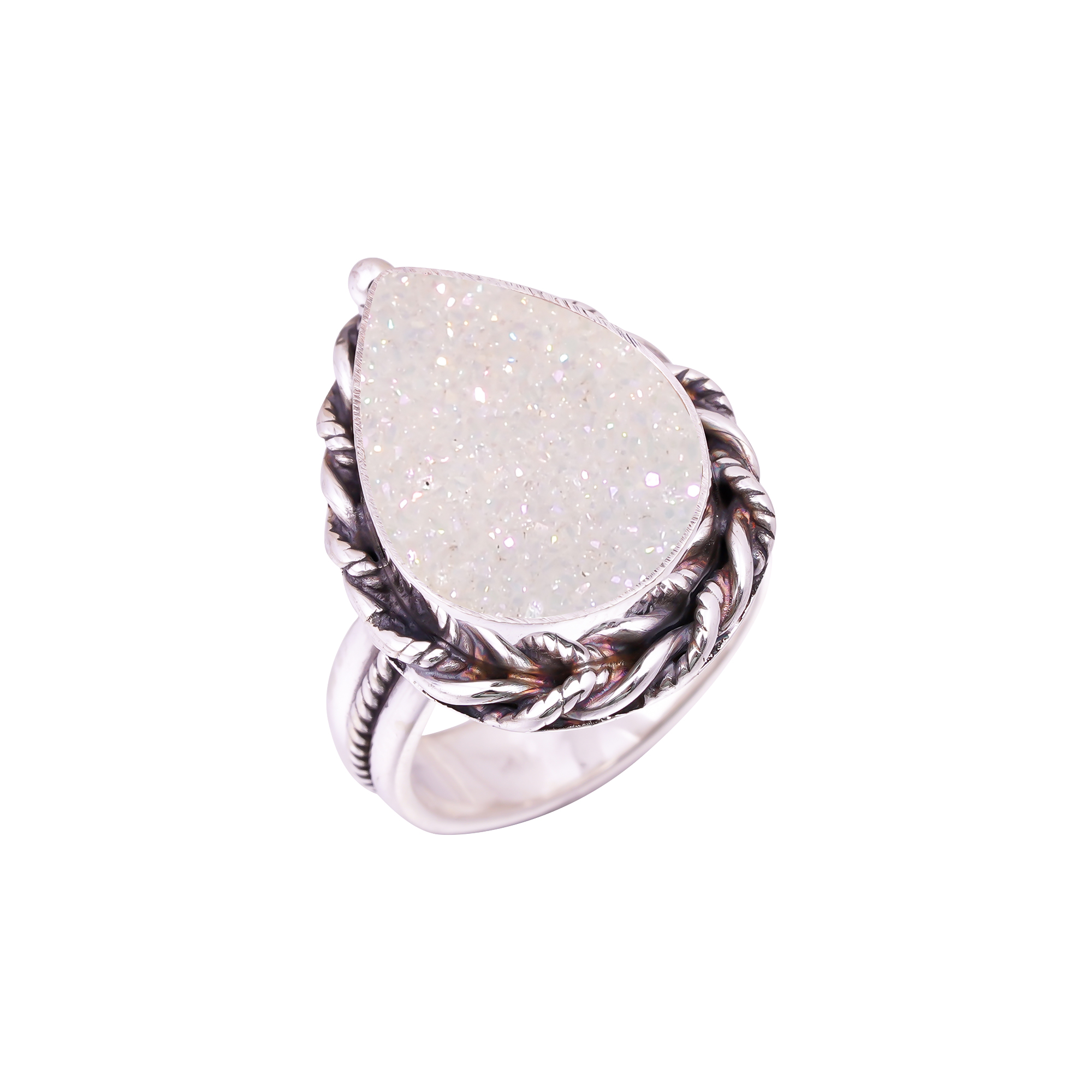 Snow White Titanium Agate Drusy Gemstone 925 Sterling Silver Ring