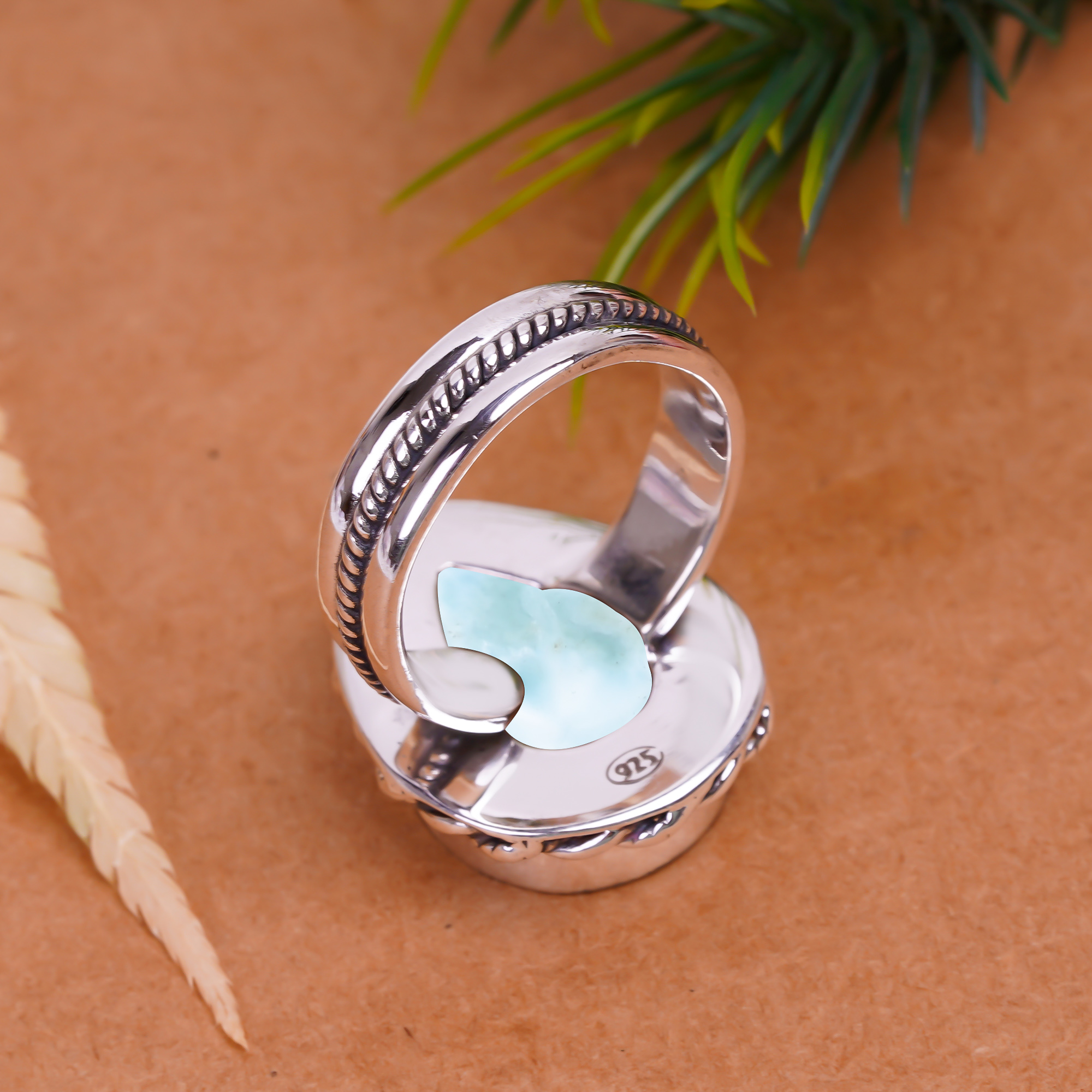 Natural Larimar / Pactolite - Dominican Republic Gemstone 925 Sterling Silver Ring