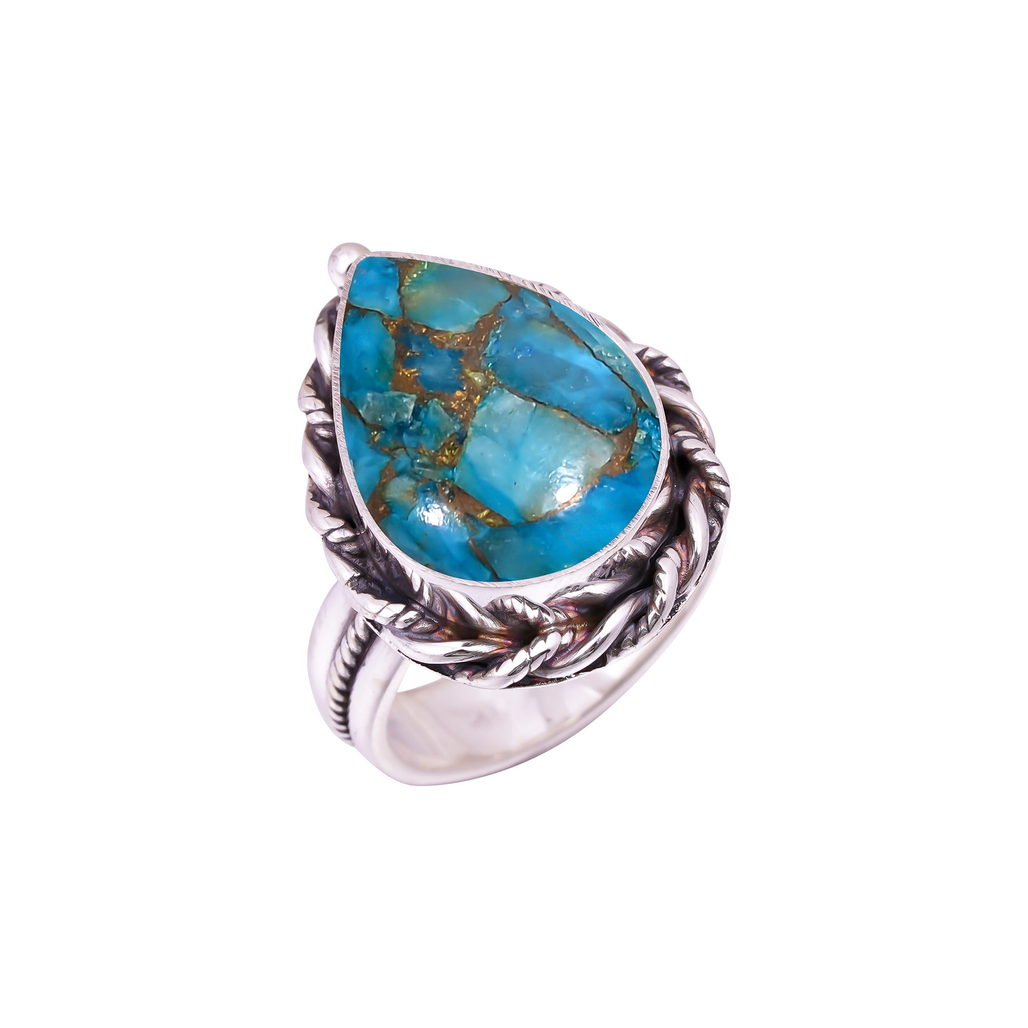 Copper Blue Turquoise Gemstone 925 Sterling Silver Ring