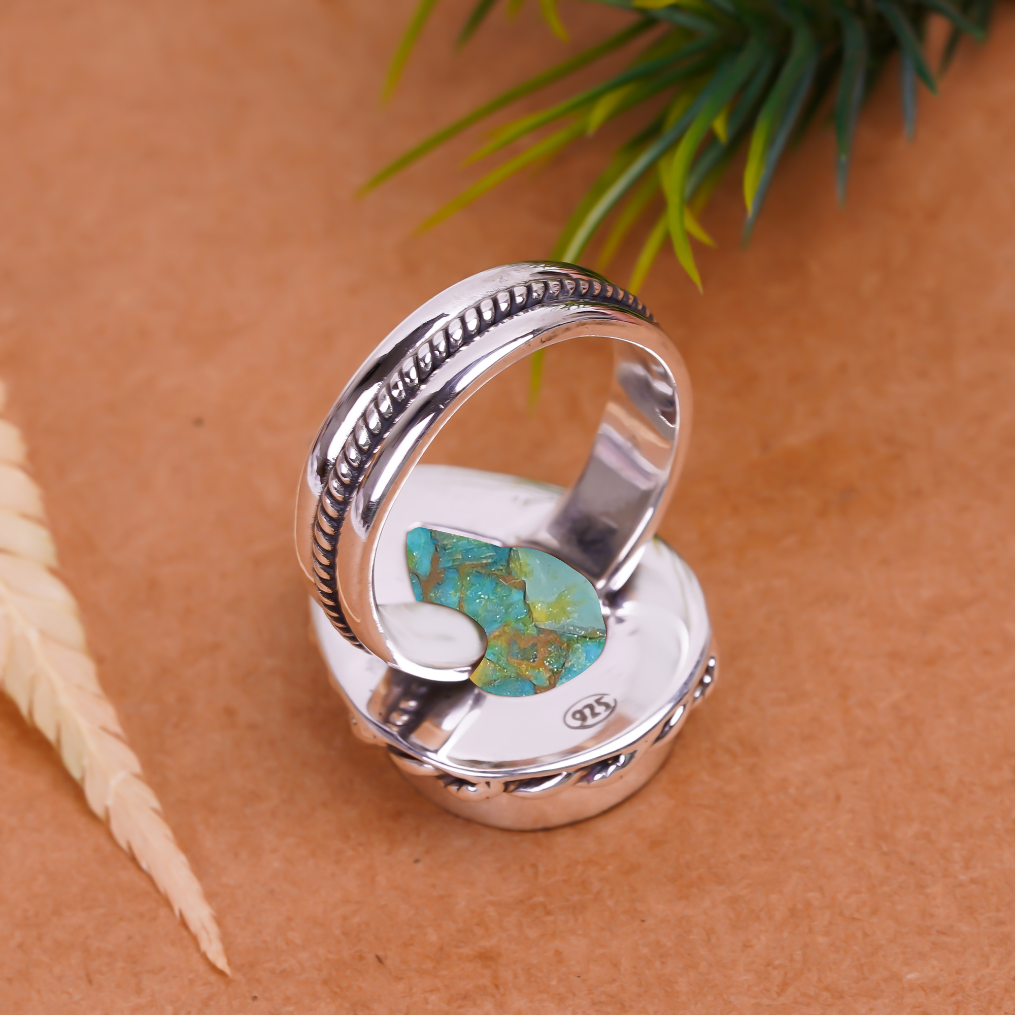 Copper Blue Turquoise Gemstone 925 Sterling Silver Ring