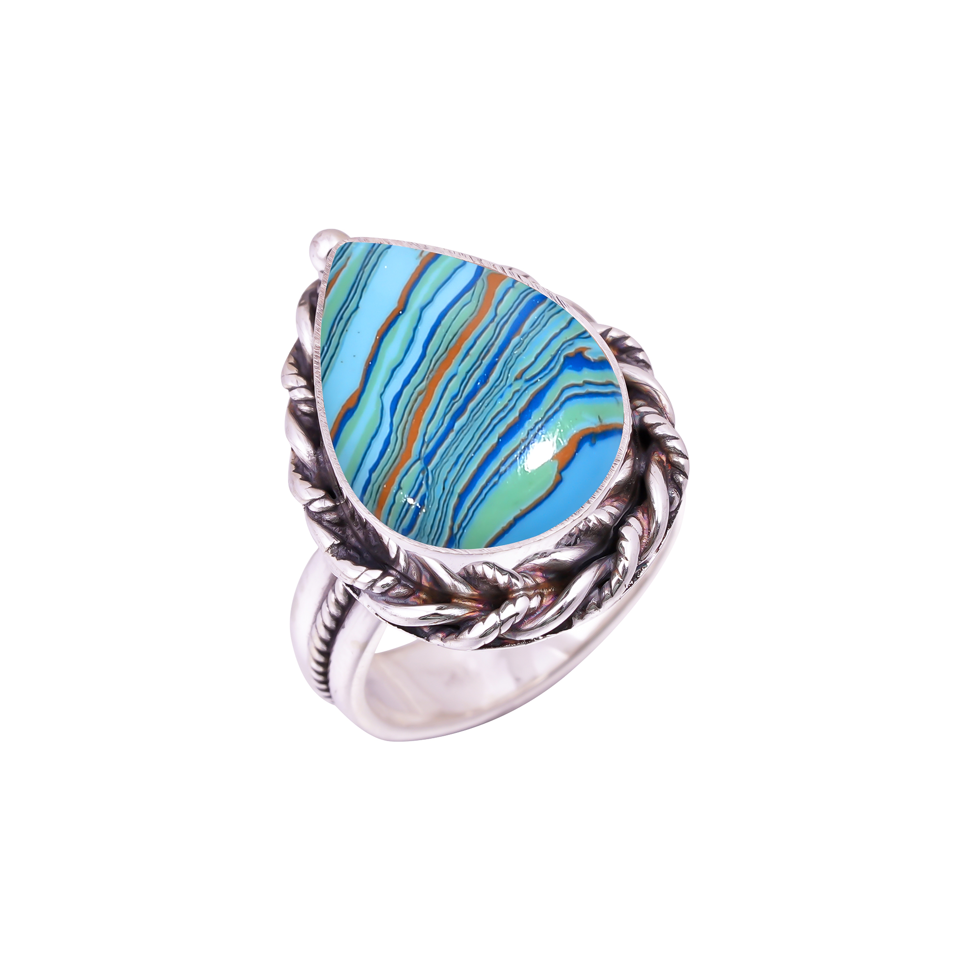 Blue Rainbow Calsilica - Simulated Gemstone 925 Sterling Silver Ring