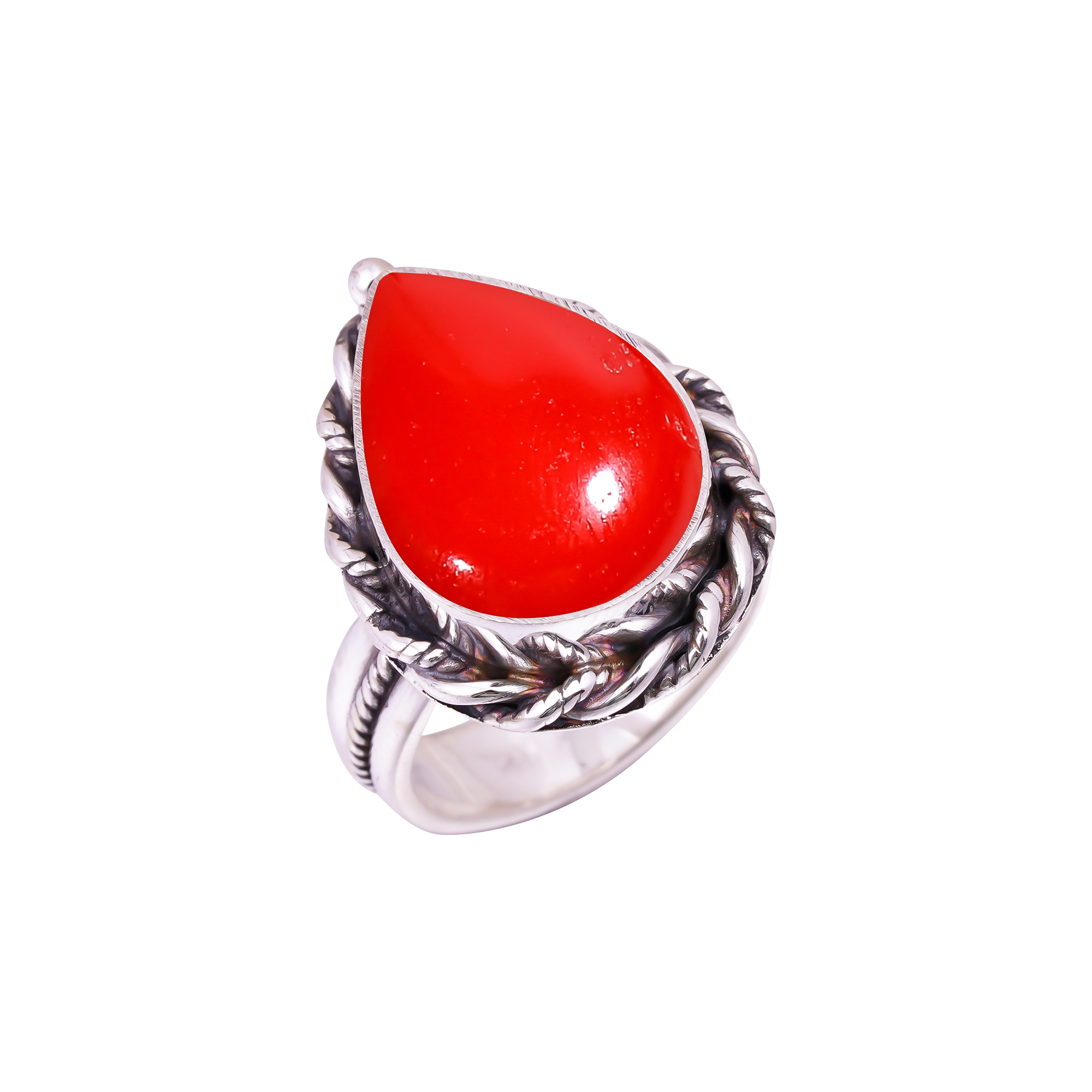 Red Coral - Simulated Gemstone 925 Sterling Silver Ring