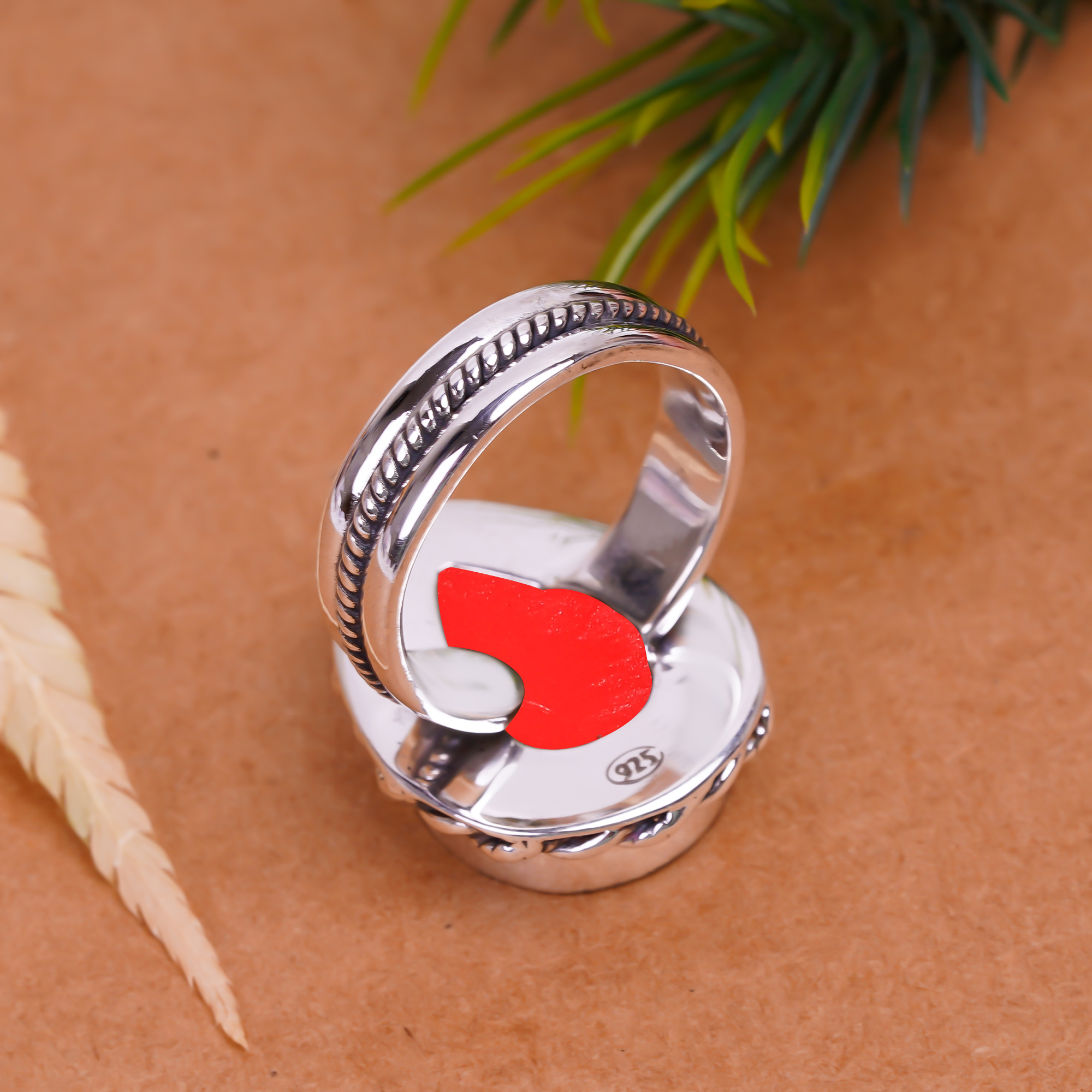 Red Coral - Simulated Gemstone 925 Sterling Silver Ring