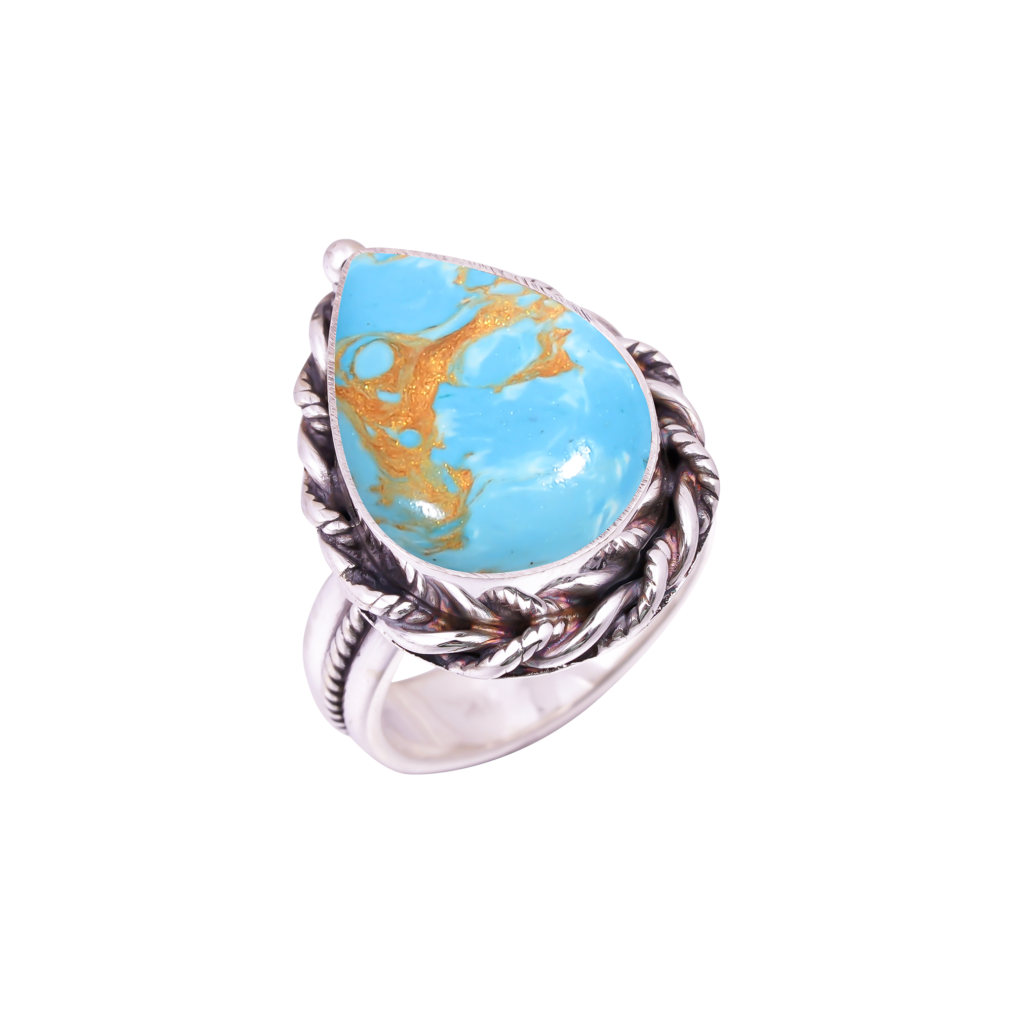 Copper Blue Turquoise - Simulated Gemstone 925 Sterling Silver Ring