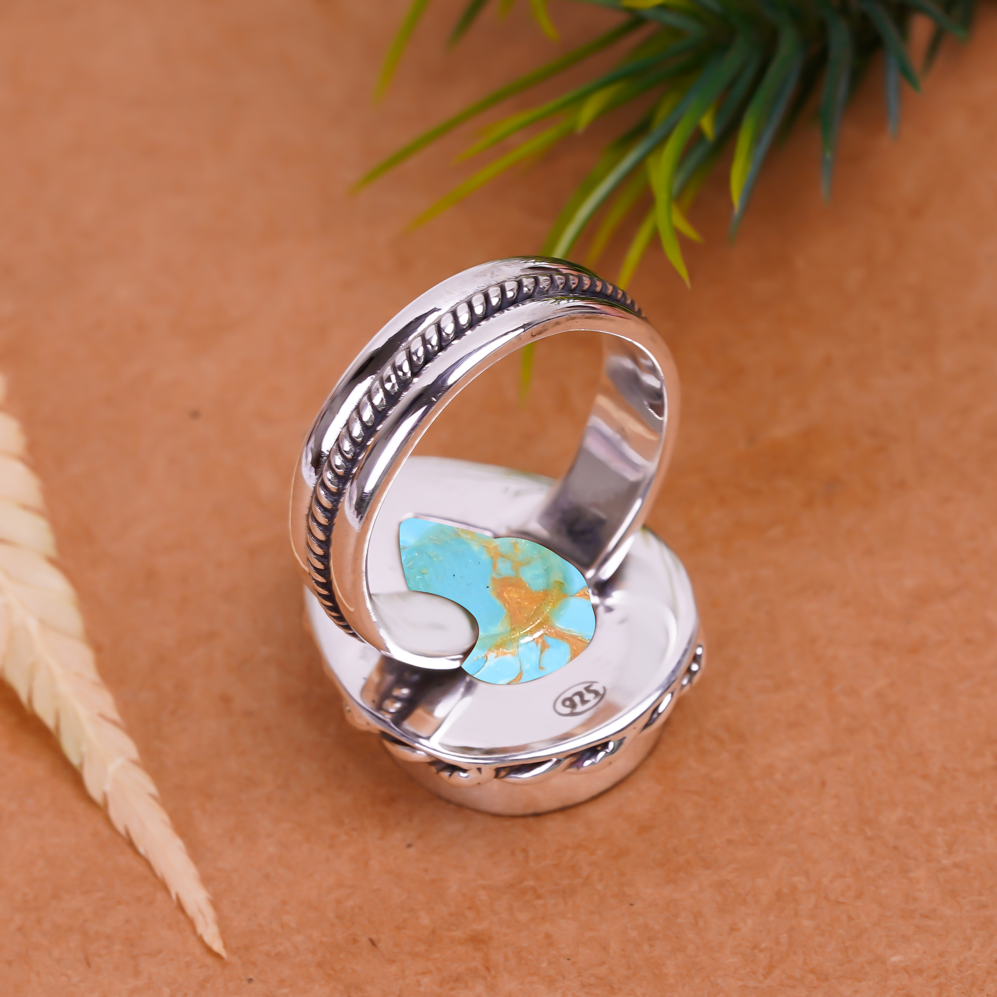Copper Blue Turquoise - Simulated Gemstone 925 Sterling Silver Ring
