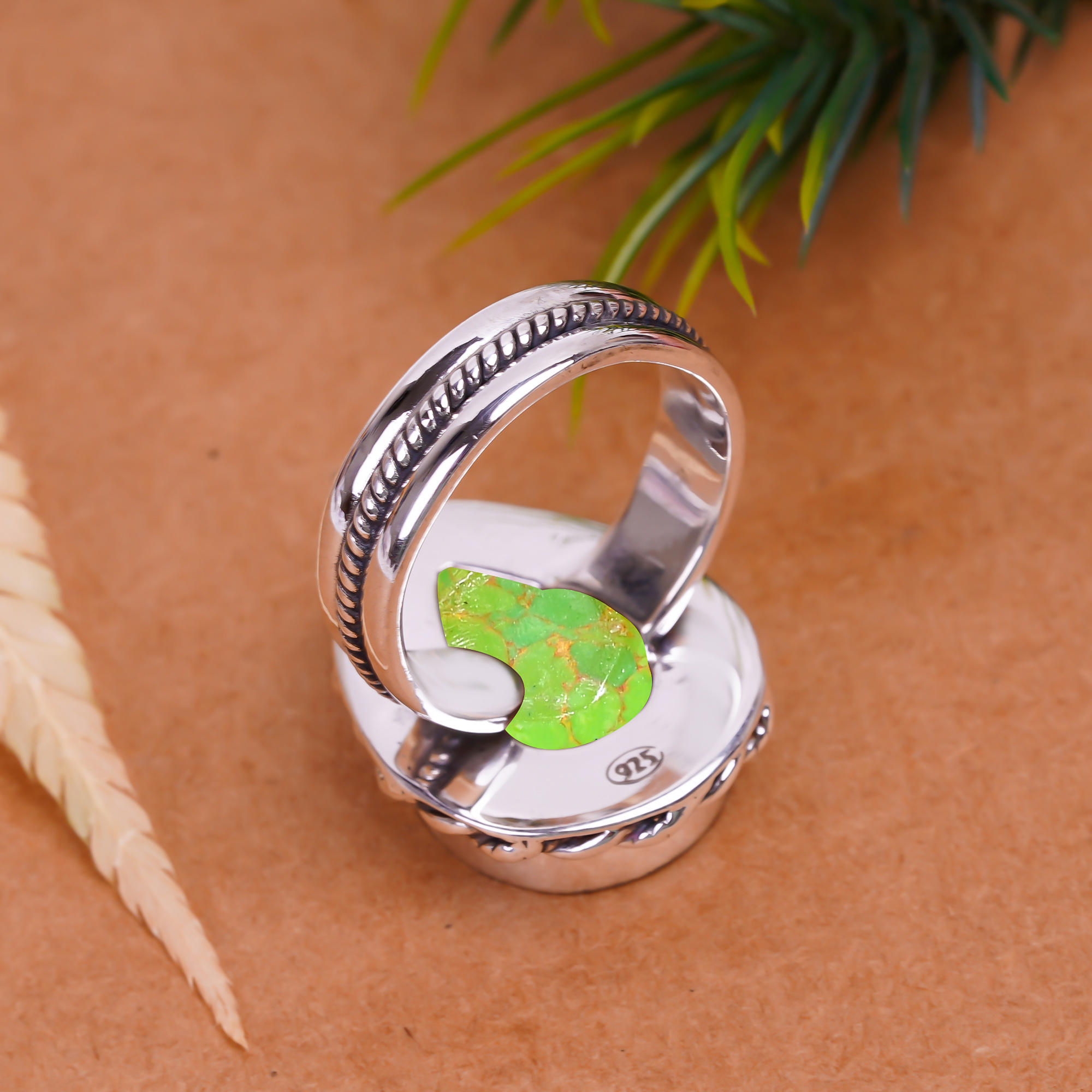 Copper Green Turquoise - Simulated Gemstone 925 Sterling Silver Ring