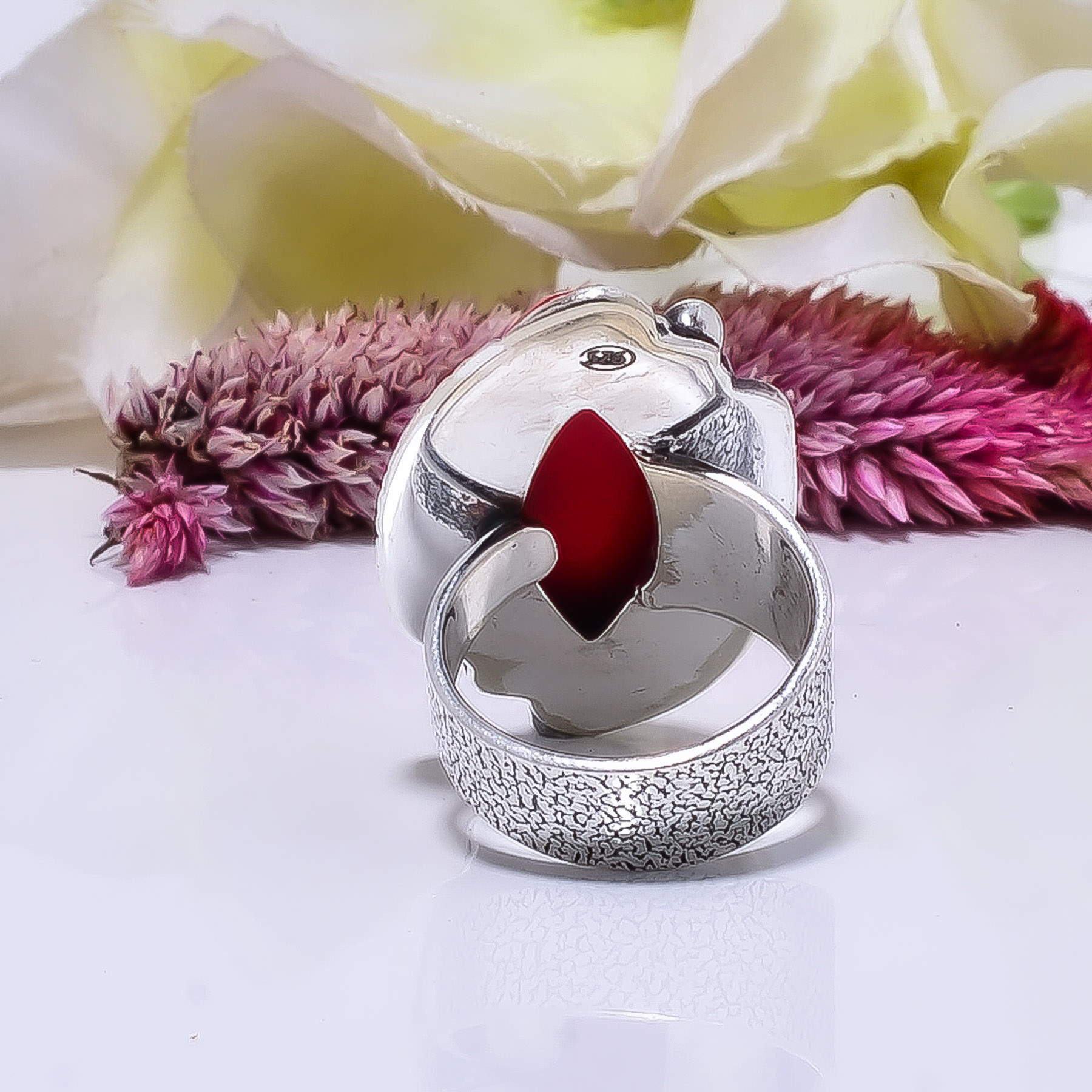 Red Coral - Simulated Gemstone 925 Sterling Silver Ring