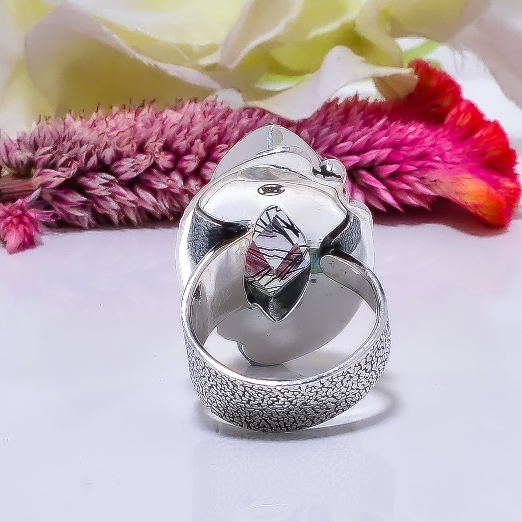 Black Rutilated Quartz - Simulated Gemstone 925 Sterling Silver Ring