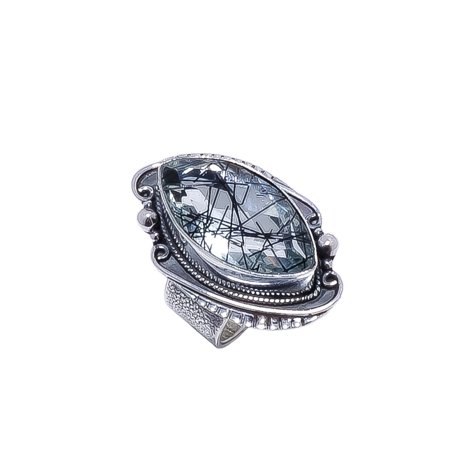 Black Rutilated Quartz - Simulated Gemstone 925 Sterling Silver Ring