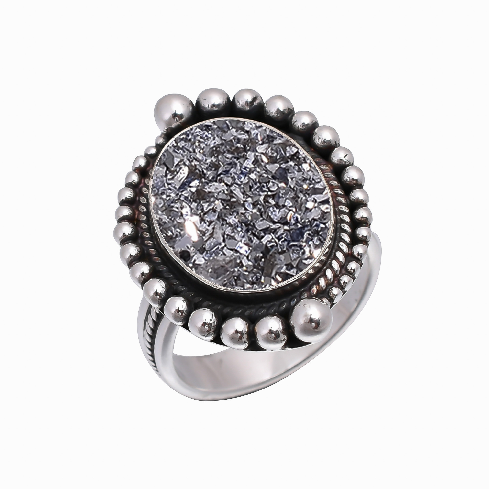 Silver Titanium Agate Drusy 925 Sterling Silver Ring