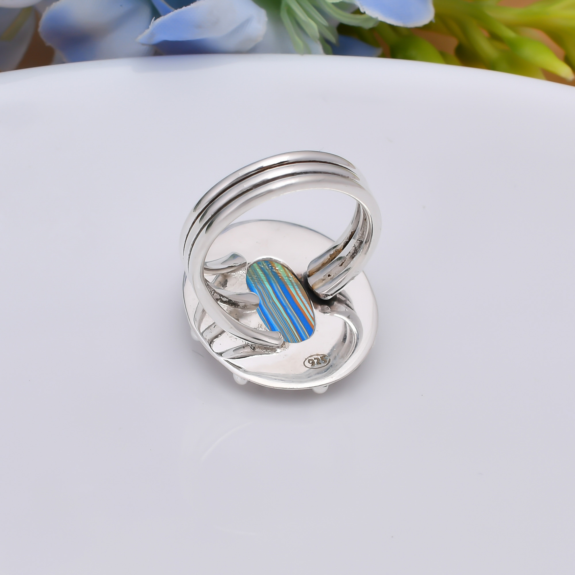 Blue Rainbow Calsilica - Simulated 925 Sterling Silver Ring