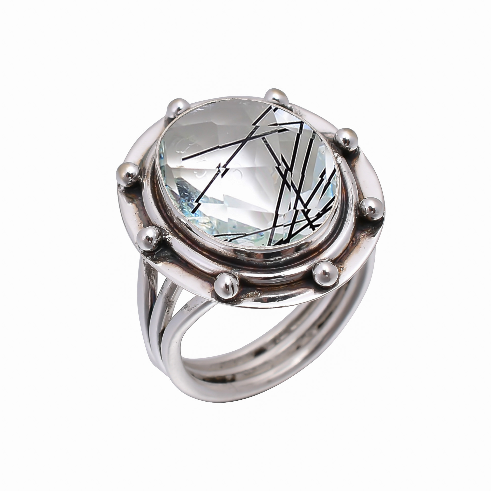 Black Rutilated Quartz - Simulated 925 Sterling Silver Ring