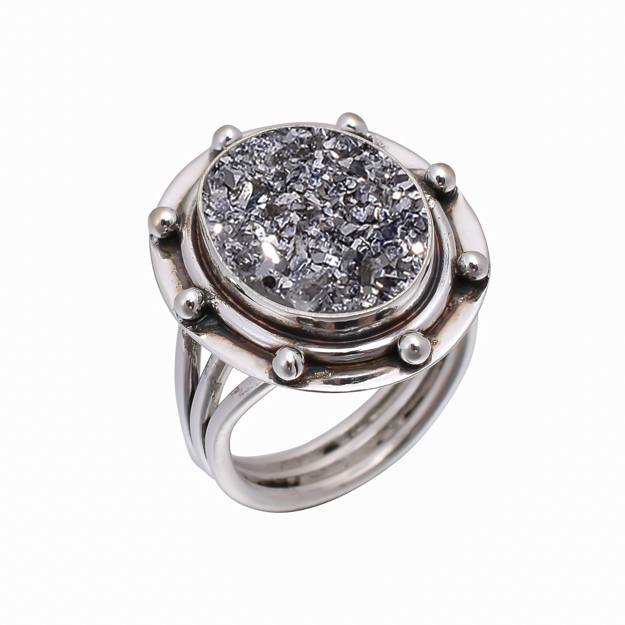 Silver Titanium Agate Drusy 925 Sterling Silver Ring