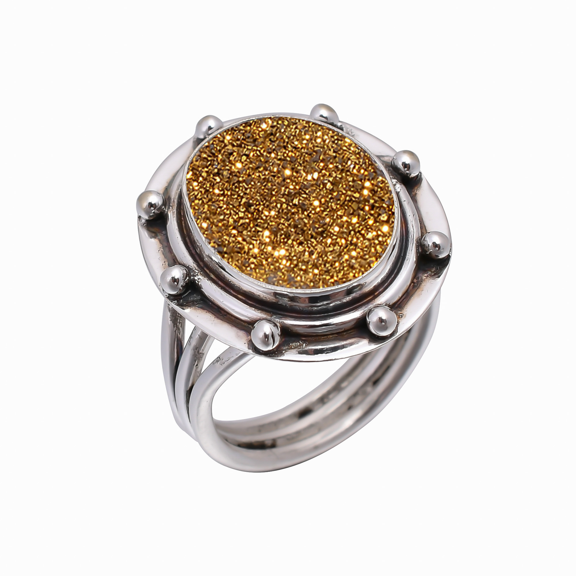 Golden Titanium Agate Drusy 925 Sterling Silver Ring