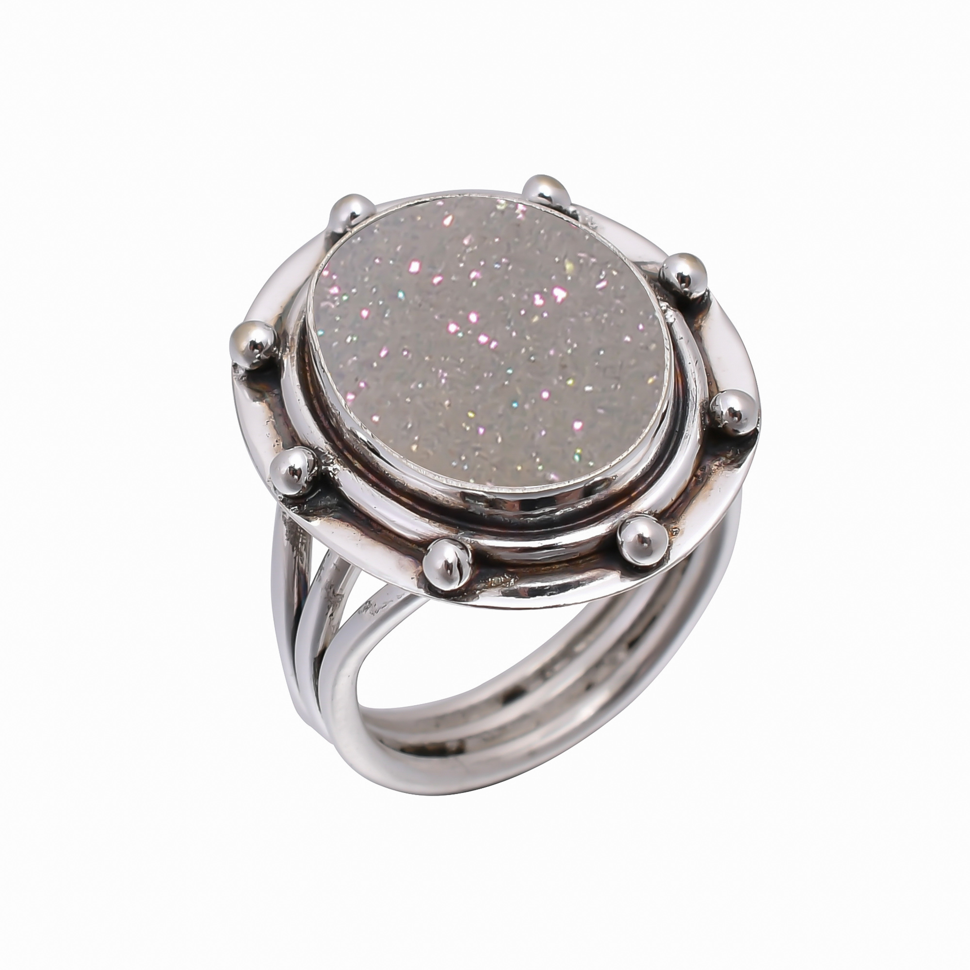 Snow White Titanium Agate Drusy 925 Sterling Silver Ring
