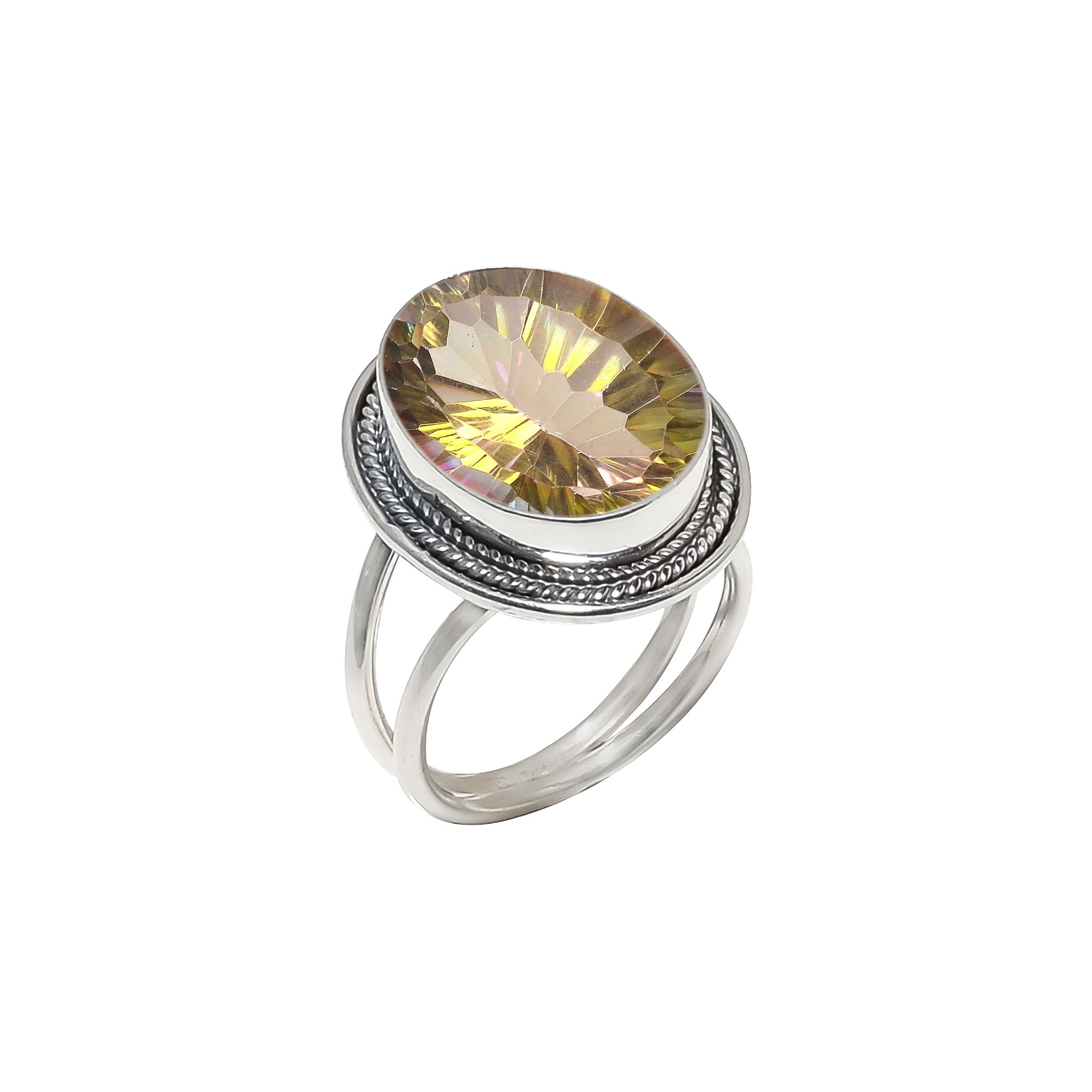 Golden Rainbow Mystic Fire Topaz - Simulated 925 Sterling Silver Ring
