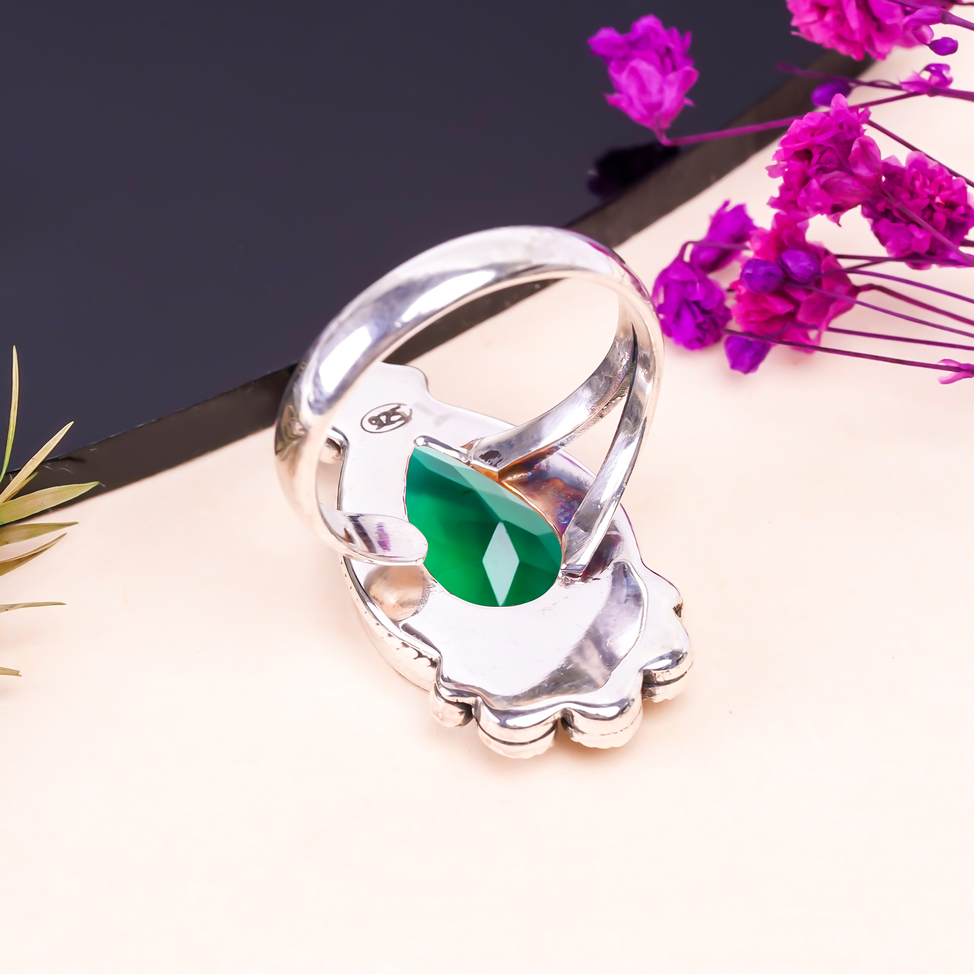 Chrome Diopside - Simulated Gemstone 925 Sterling Silver Ring