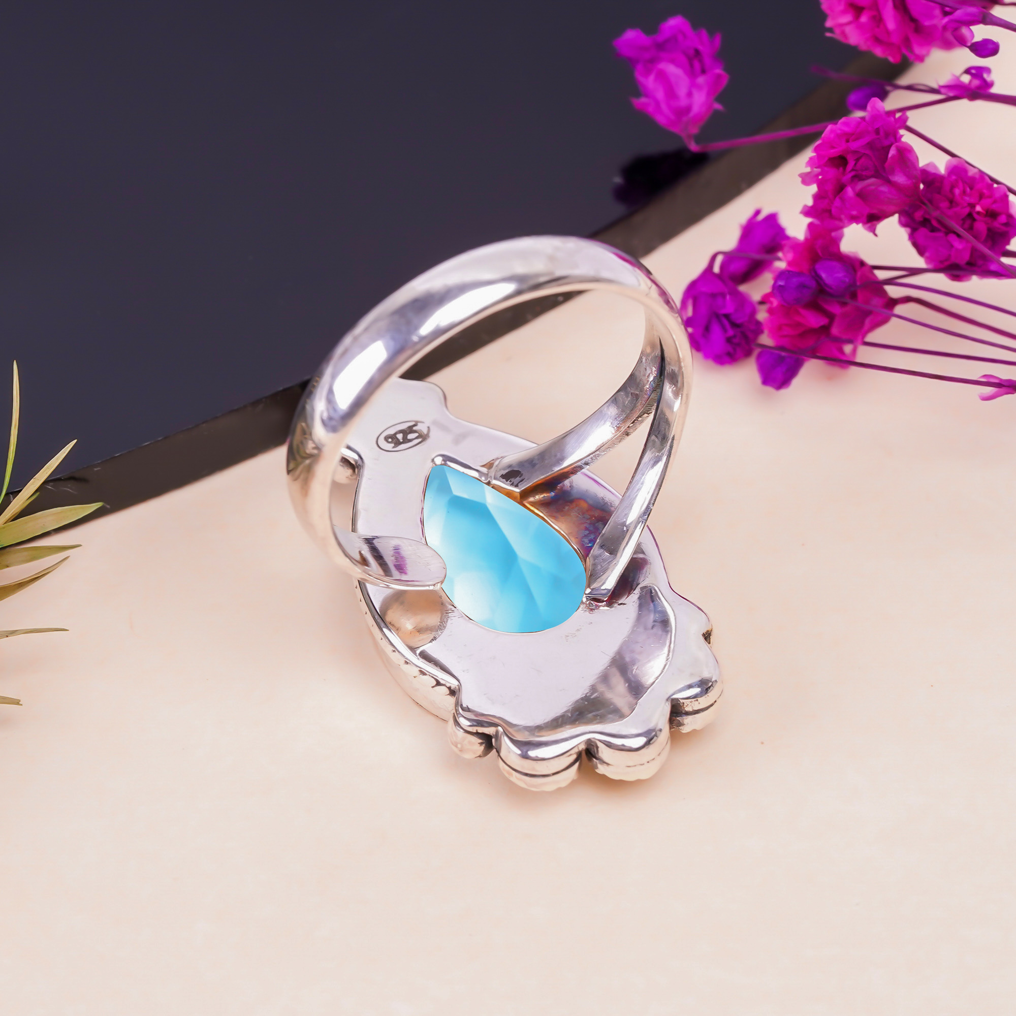 Blue Topaz - Simulated Gemstone 925 Sterling Silver Ring