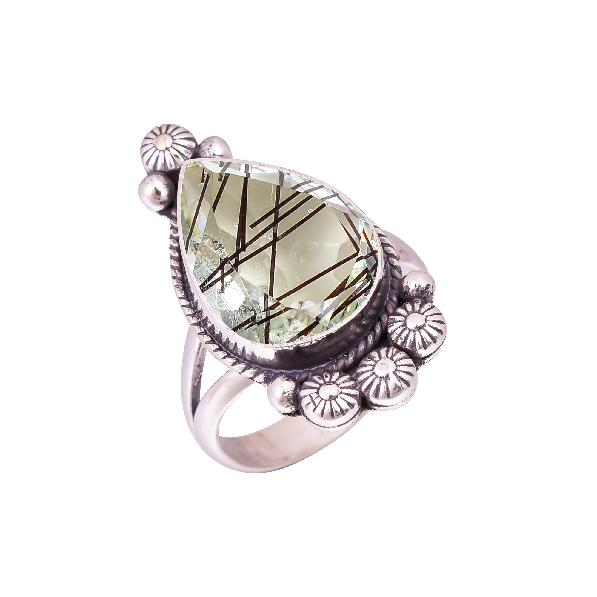 Black Rutilated Quartz - Simulated Gemstone 925 Sterling Silver Ring