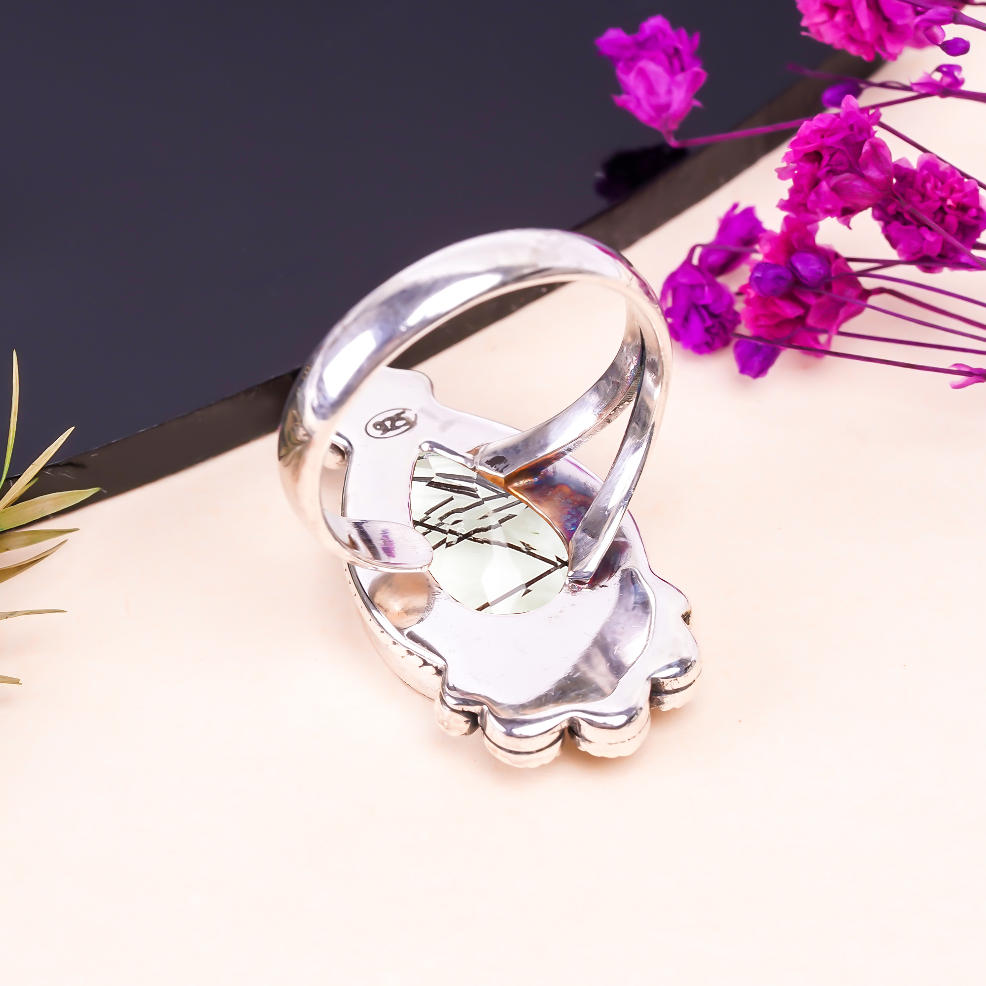 Black Rutilated Quartz - Simulated Gemstone 925 Sterling Silver Ring