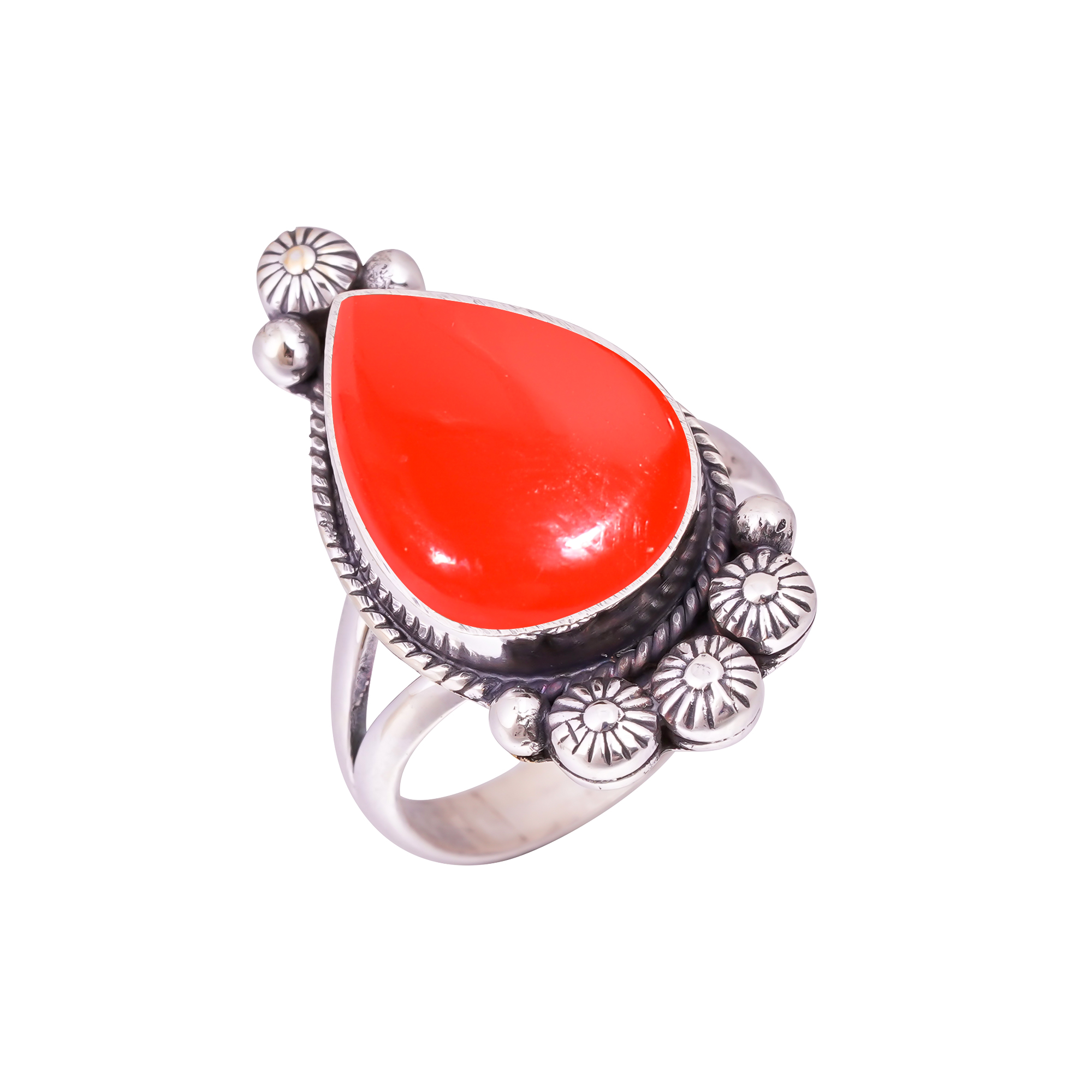 Red Coral - Simulated Gemstone 925 Sterling Silver Ring