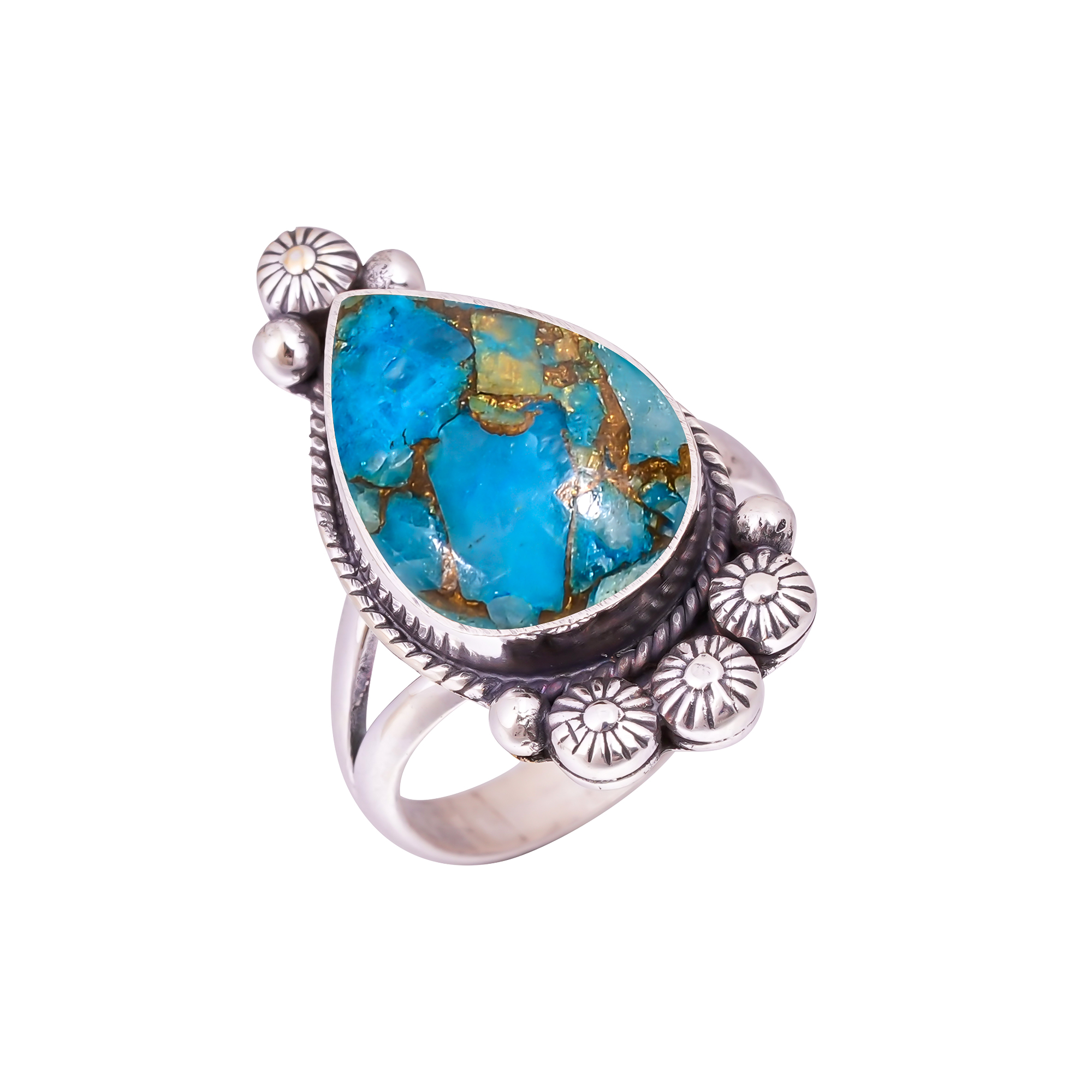 Copper Blue Turquoise Gemstone 925 Sterling Silver Ring