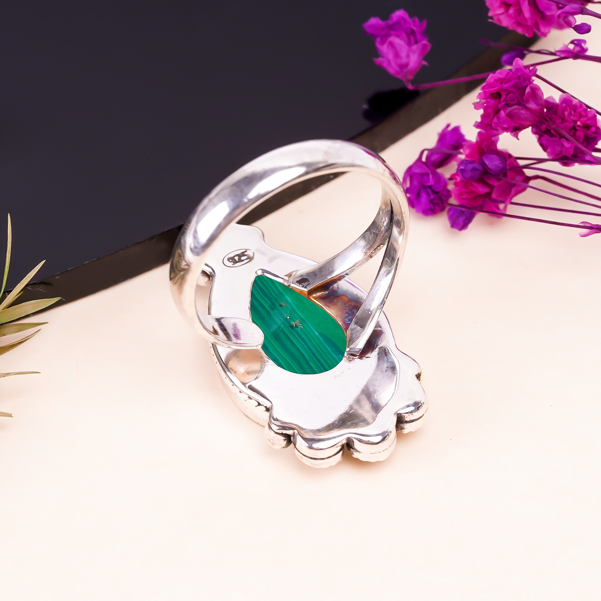 Malachite - Simulated Gemstone 925 Sterling Silver Ring