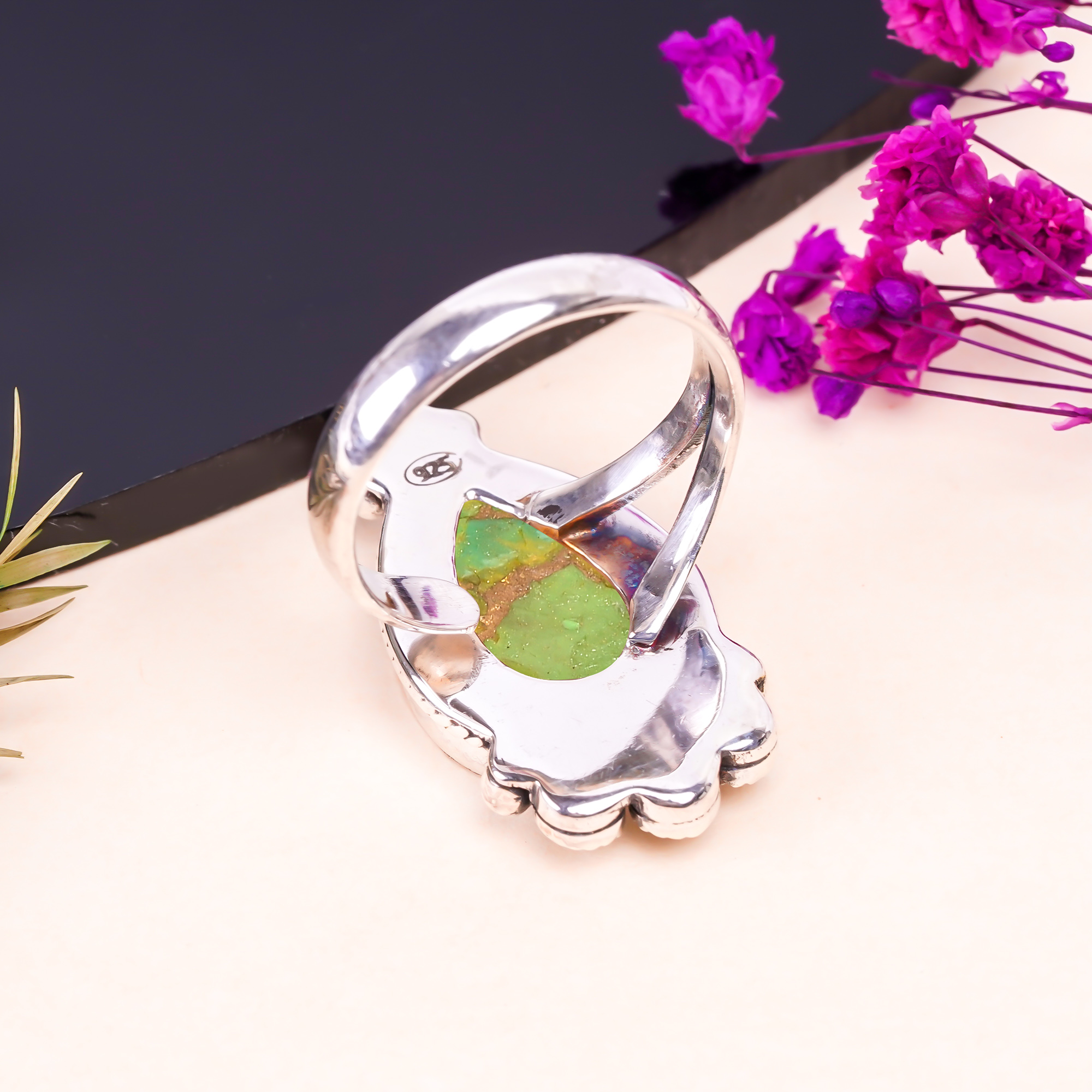 Copper Green Turquoise Gemstone 925 Sterling Silver Ring