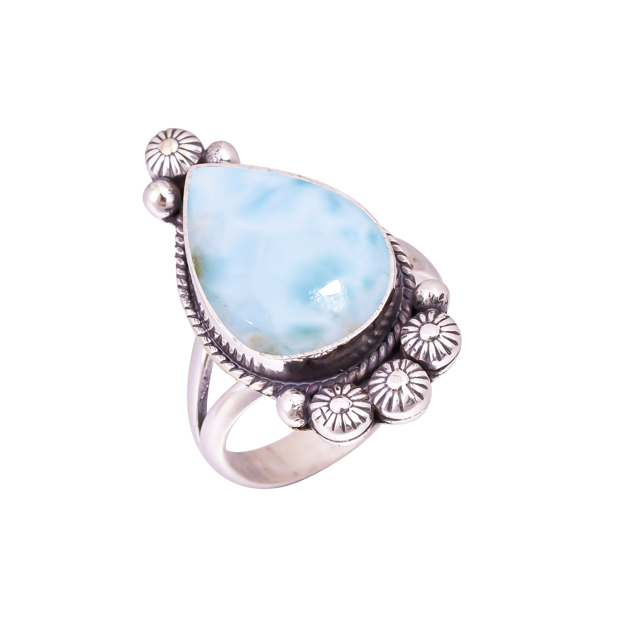 Natural Larimar / Pactolite - Dominican Republic Gemstone 925 Sterling Silver Ring