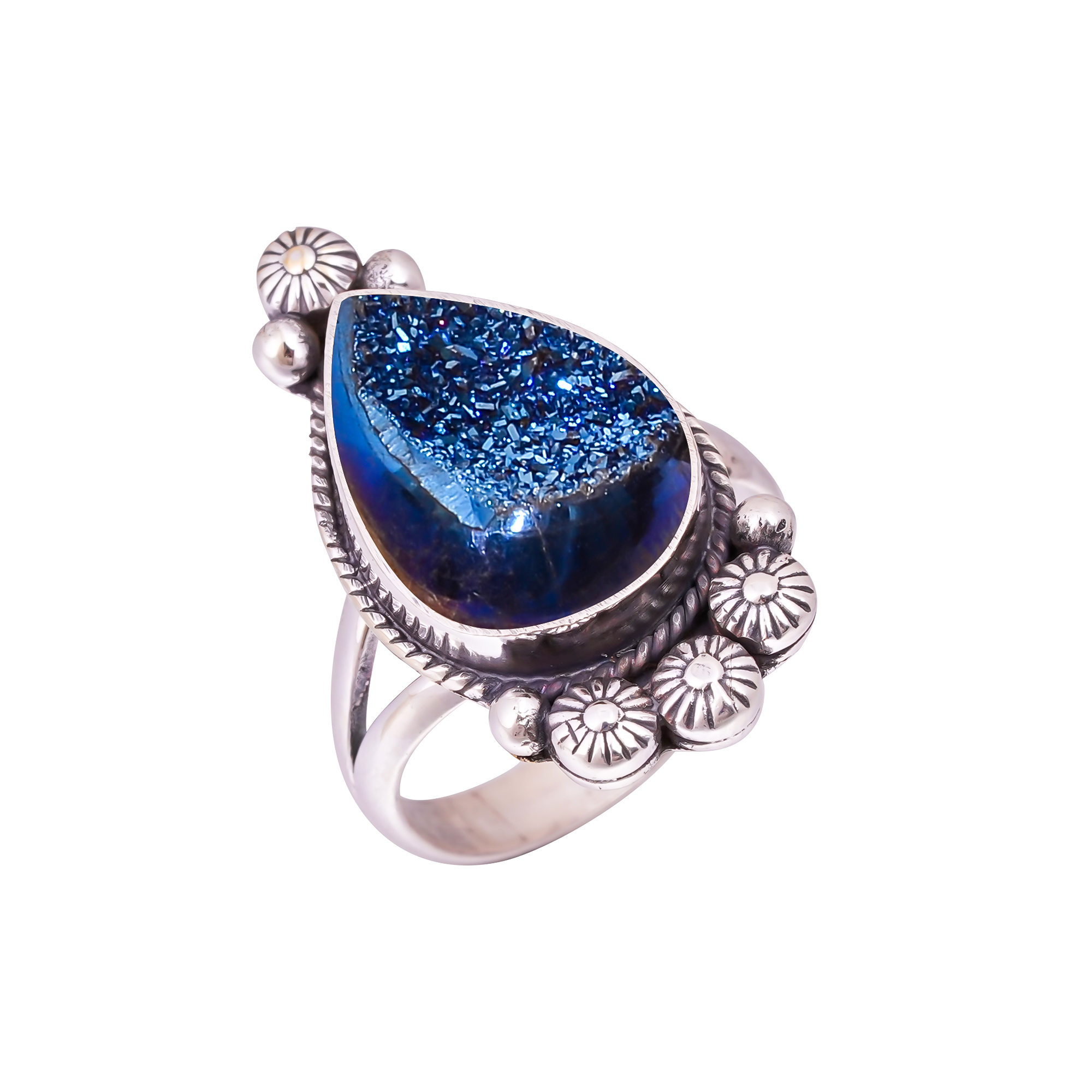 Electric Blue Titanium Agate Drusy Gemstone 925 Sterling Silver Ring