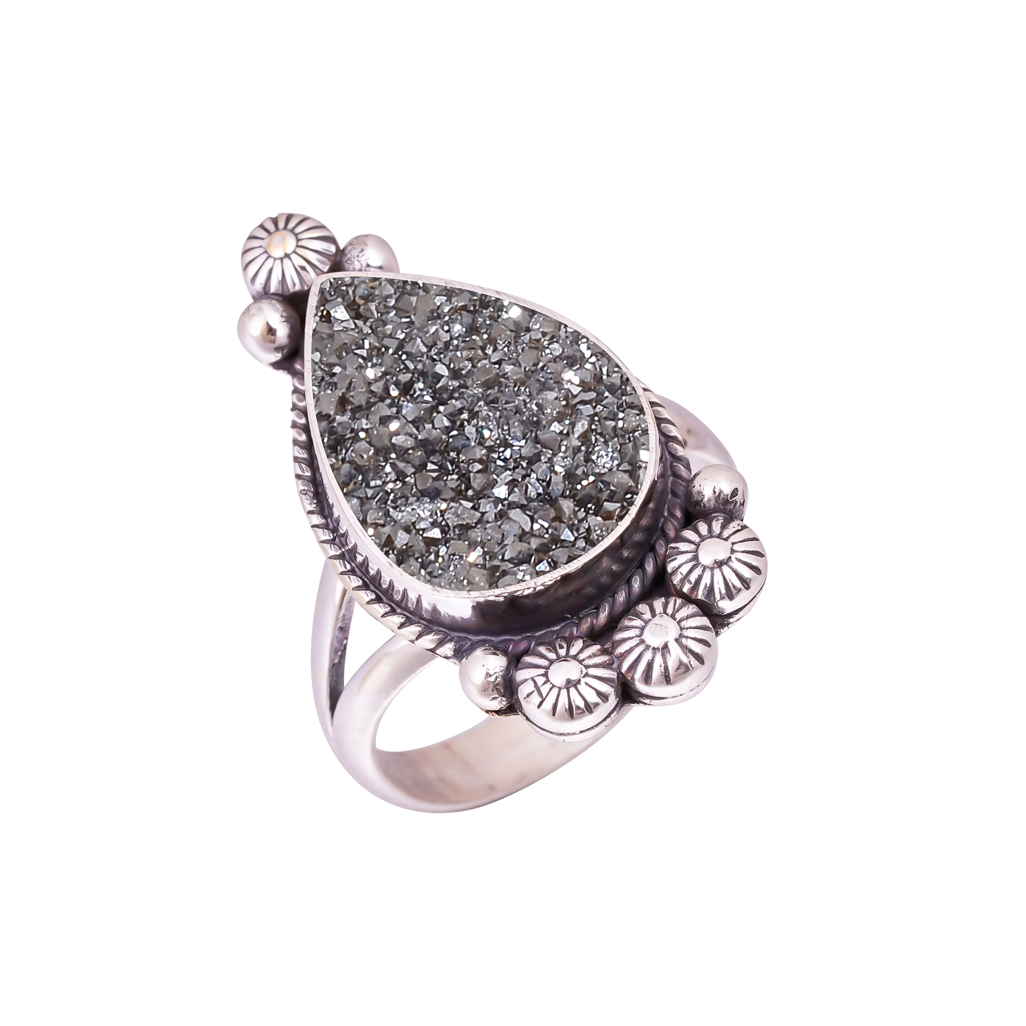 Black Titanium Agate Drusy Gemstone 925 Sterling Silver Ring