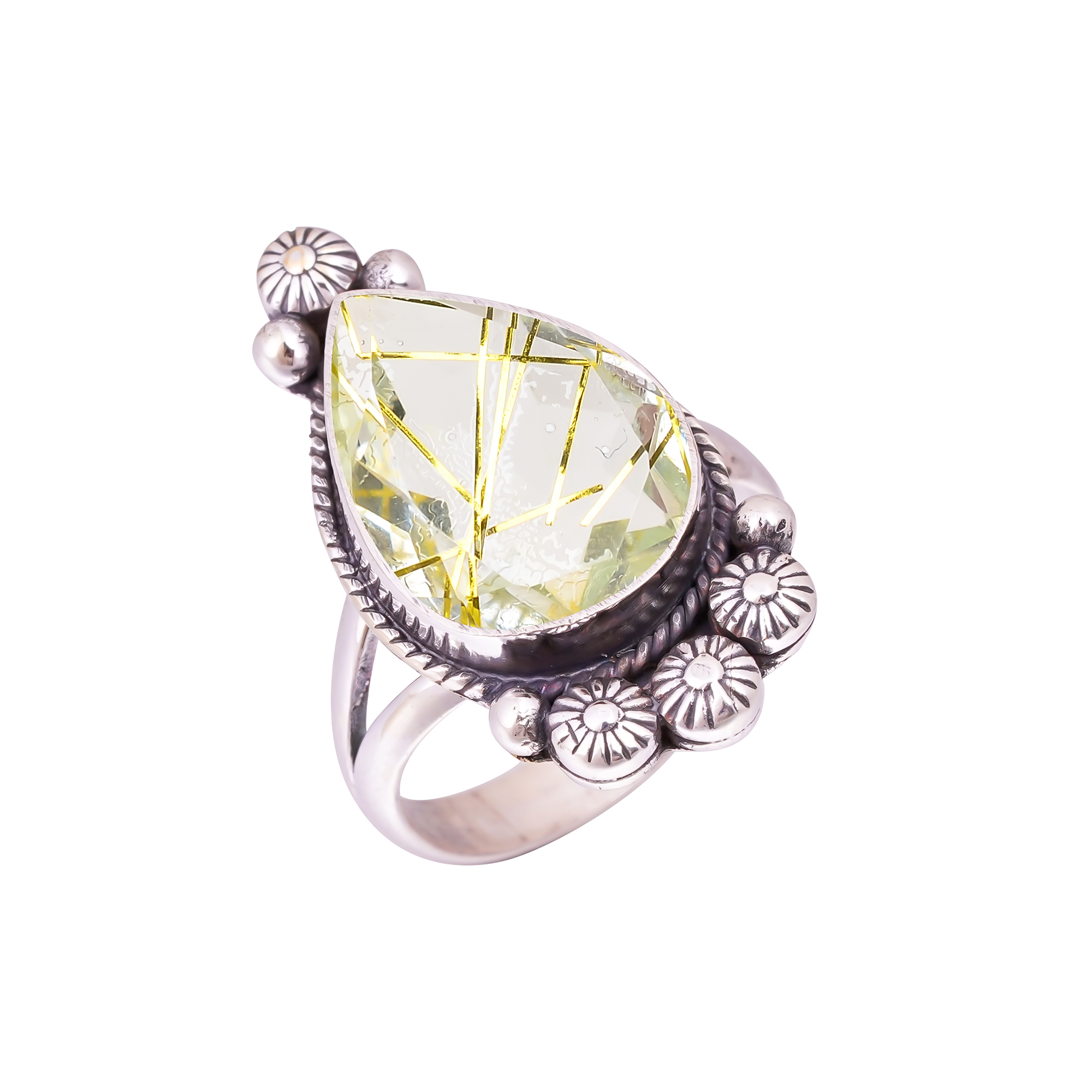 Golden Rutilated Quartz - Simulated Gemstone 925 Sterling Silver Ring