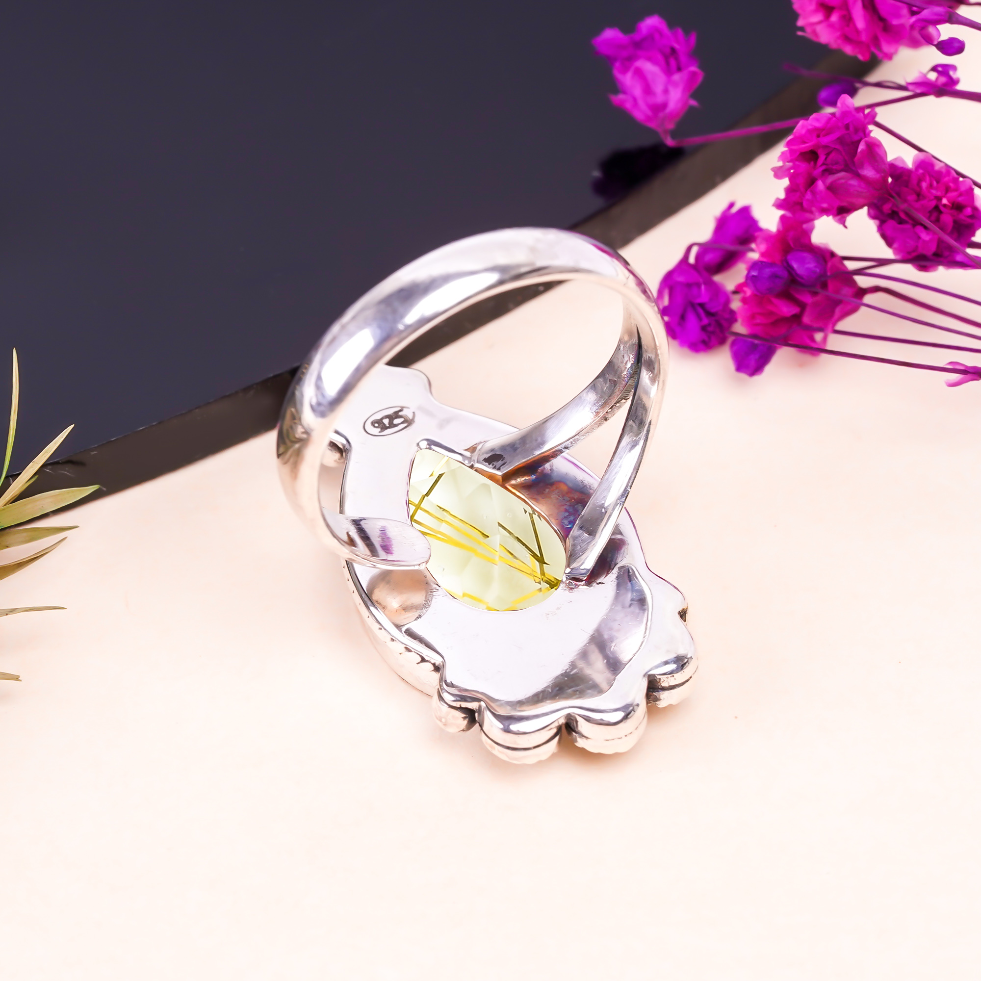 Golden Rutilated Quartz - Simulated Gemstone 925 Sterling Silver Ring