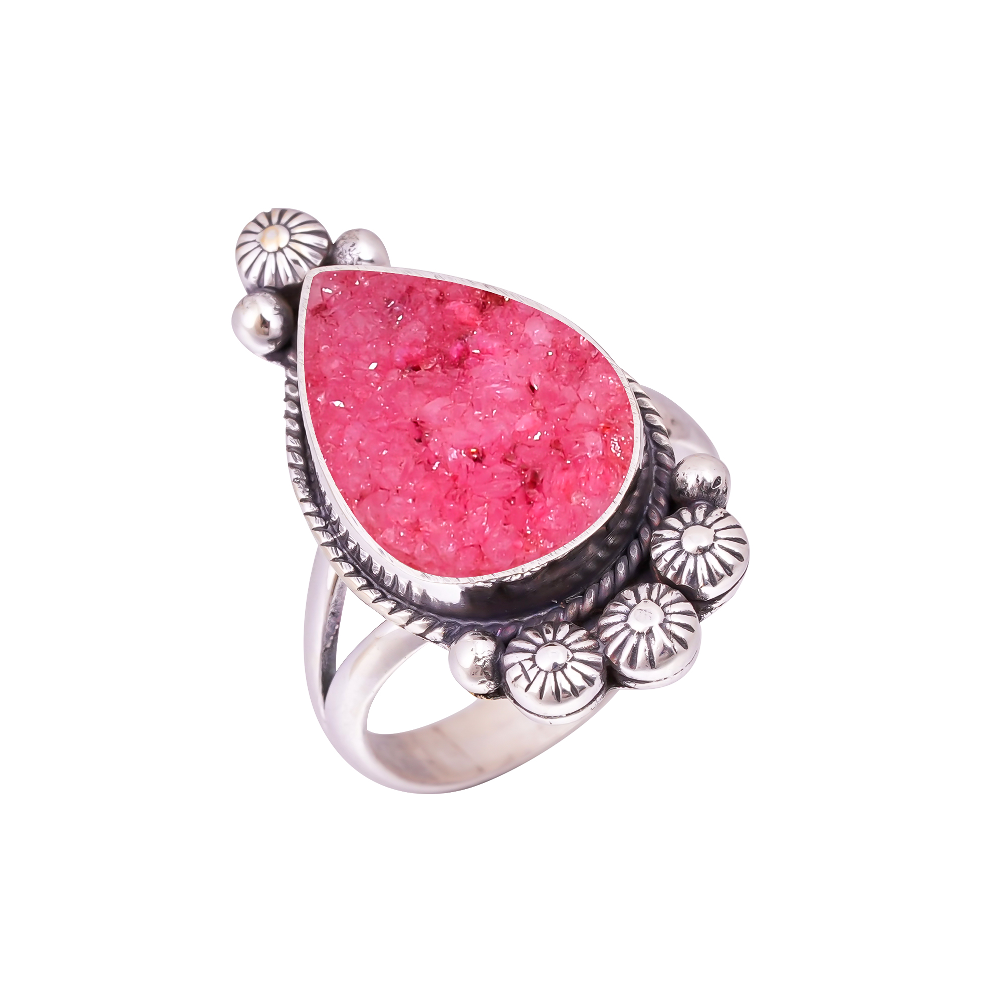 Pink Titanium Agate Drusy - India Gemstone 925 Sterling Silver Ring