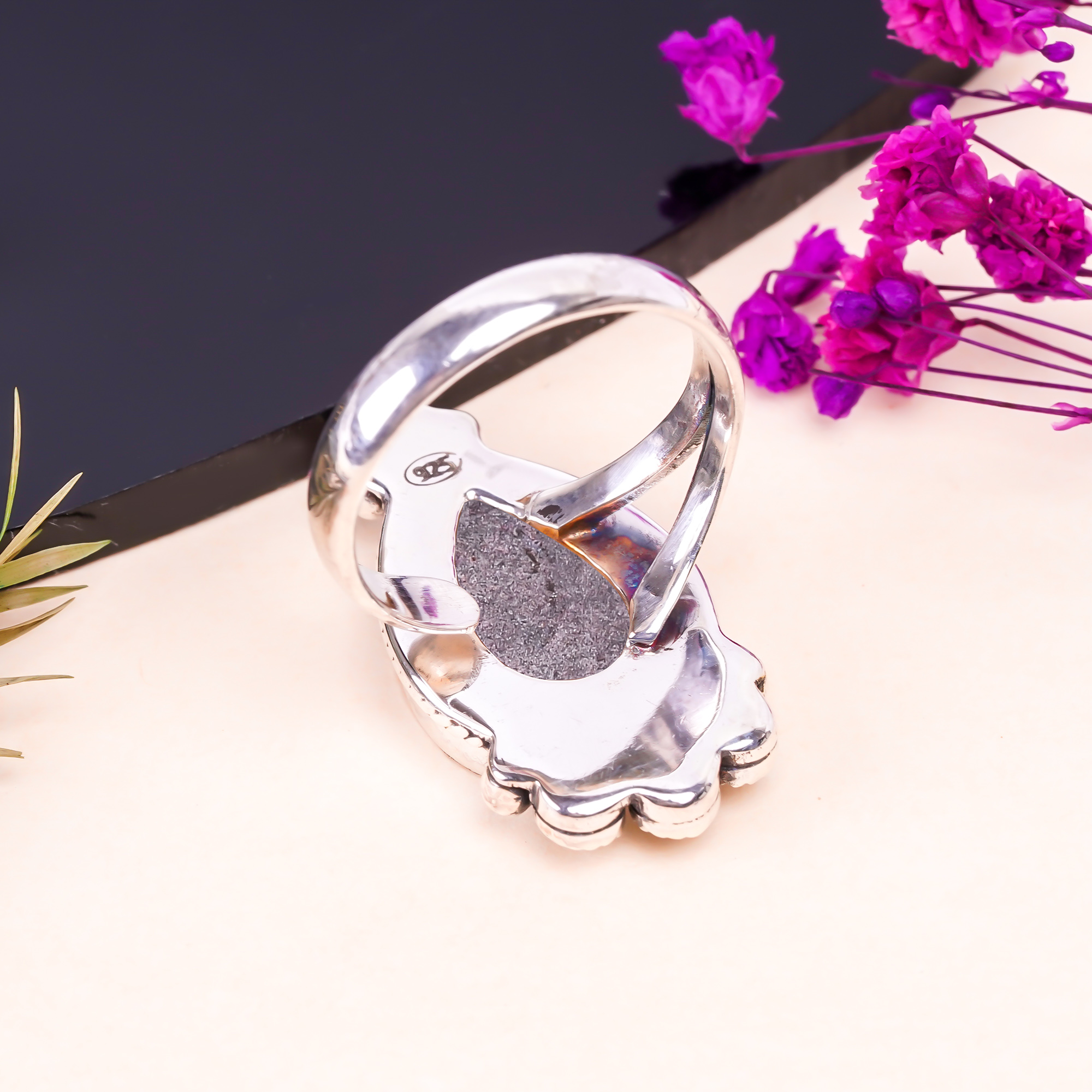 Pink Titanium Agate Drusy - India Gemstone 925 Sterling Silver Ring